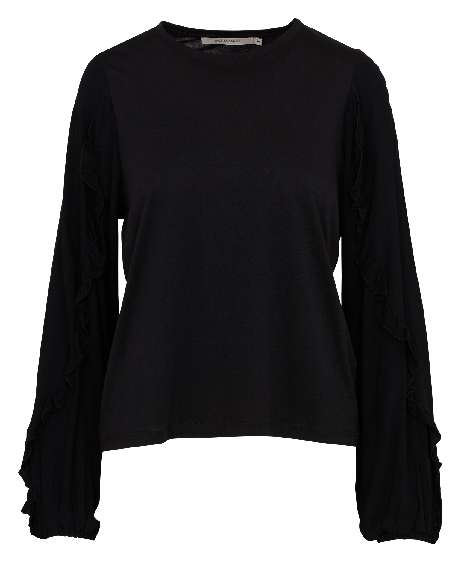 Round neck top with ruffles in two materials LA FEE MARABOUTEE Black