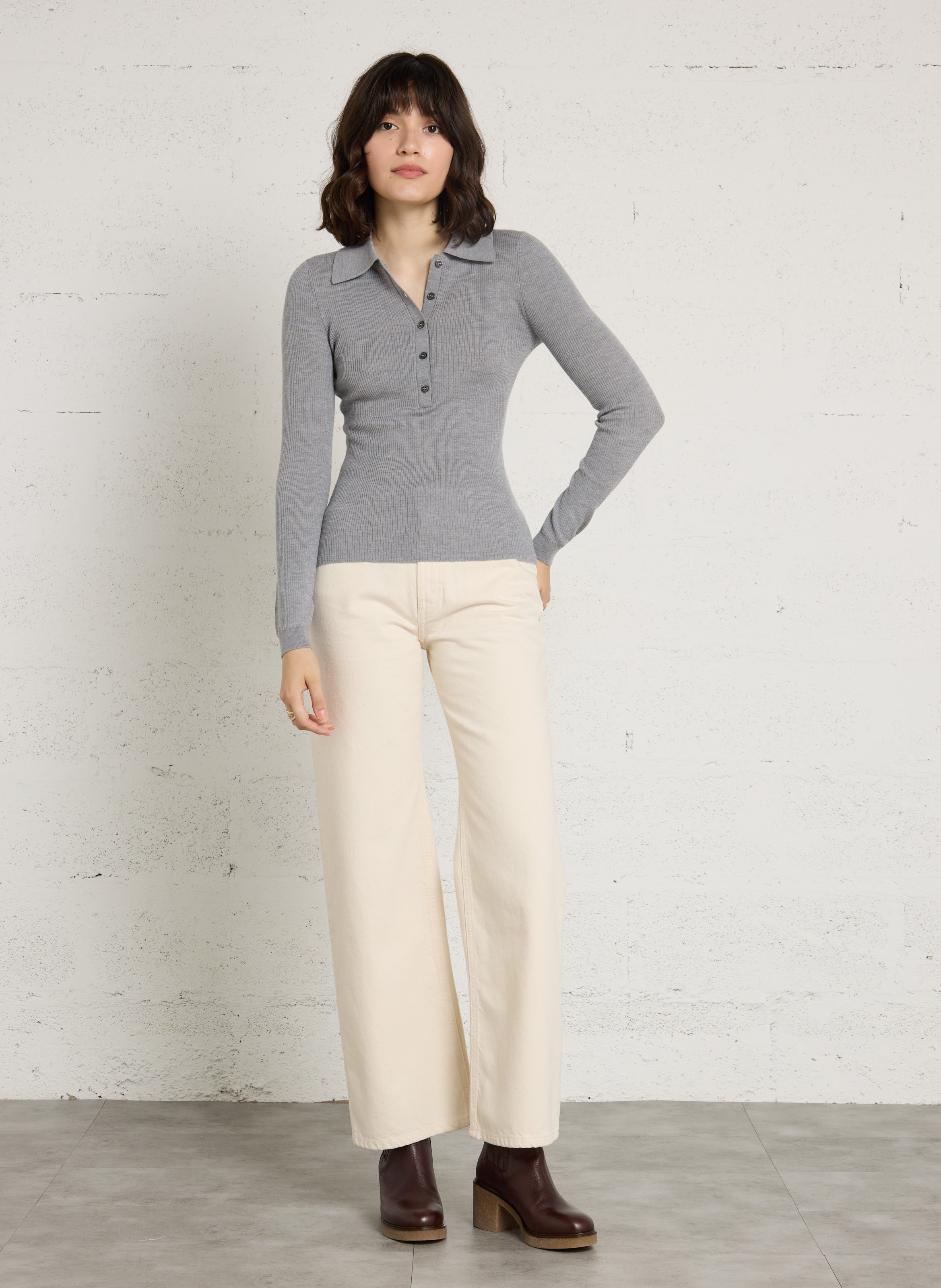 Pull cintré col classique en laine IKKS Gris