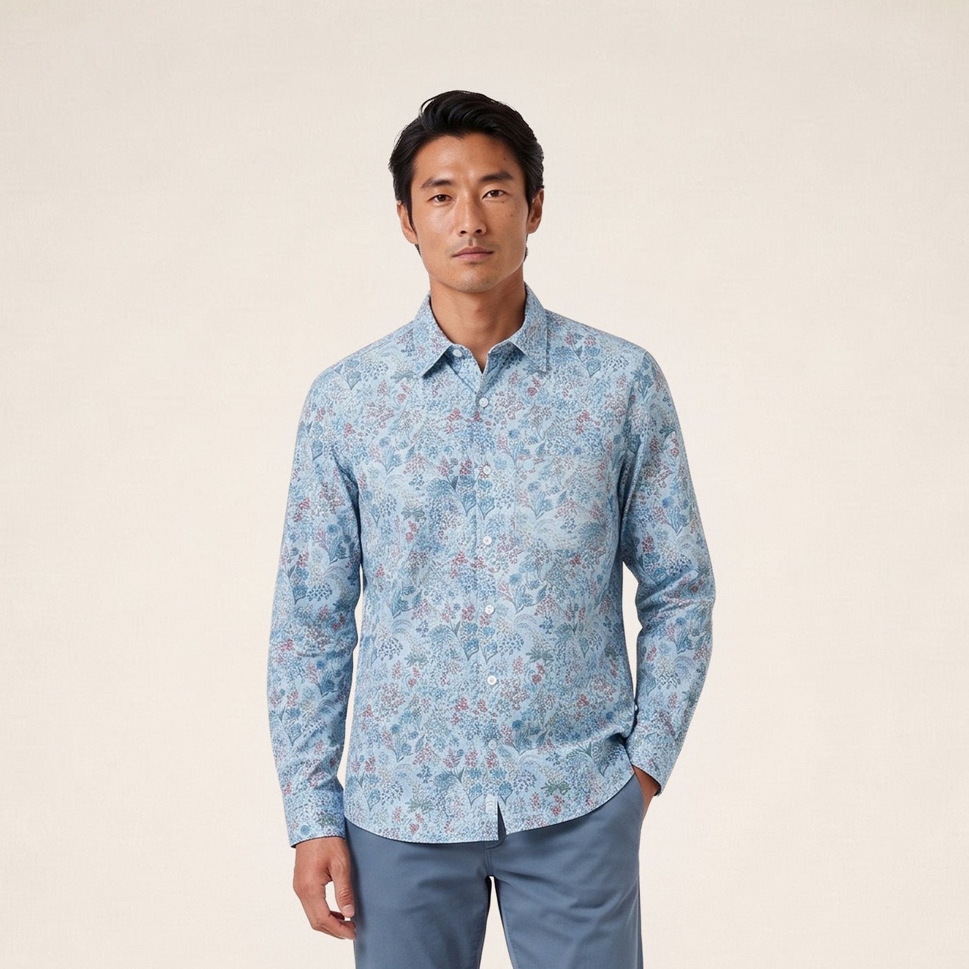 Long-sleeved floral print corduroy shirt SERGE BLANCO Blue