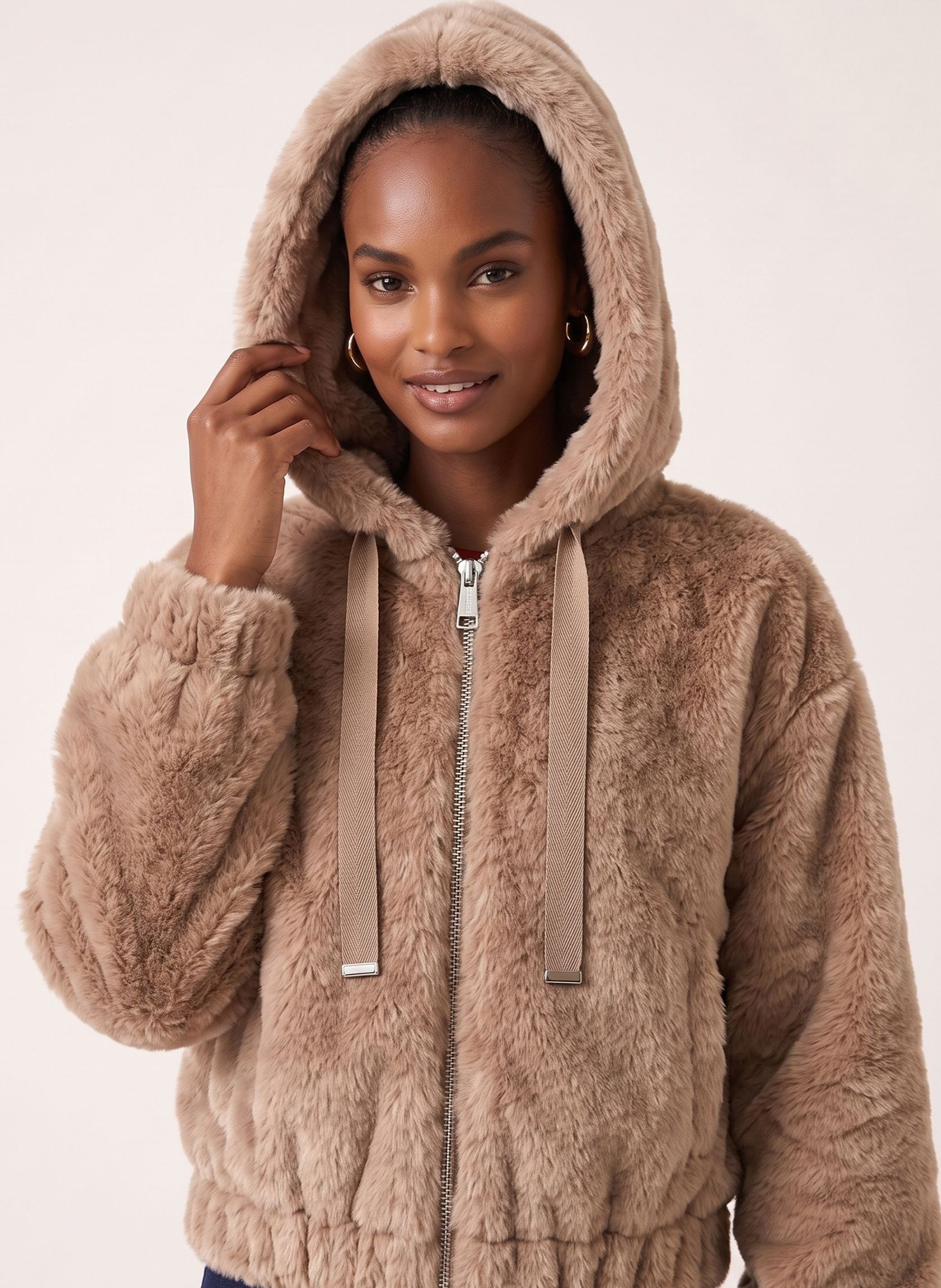 Veste droite à capuche effet fourrure KOOKAI Marron