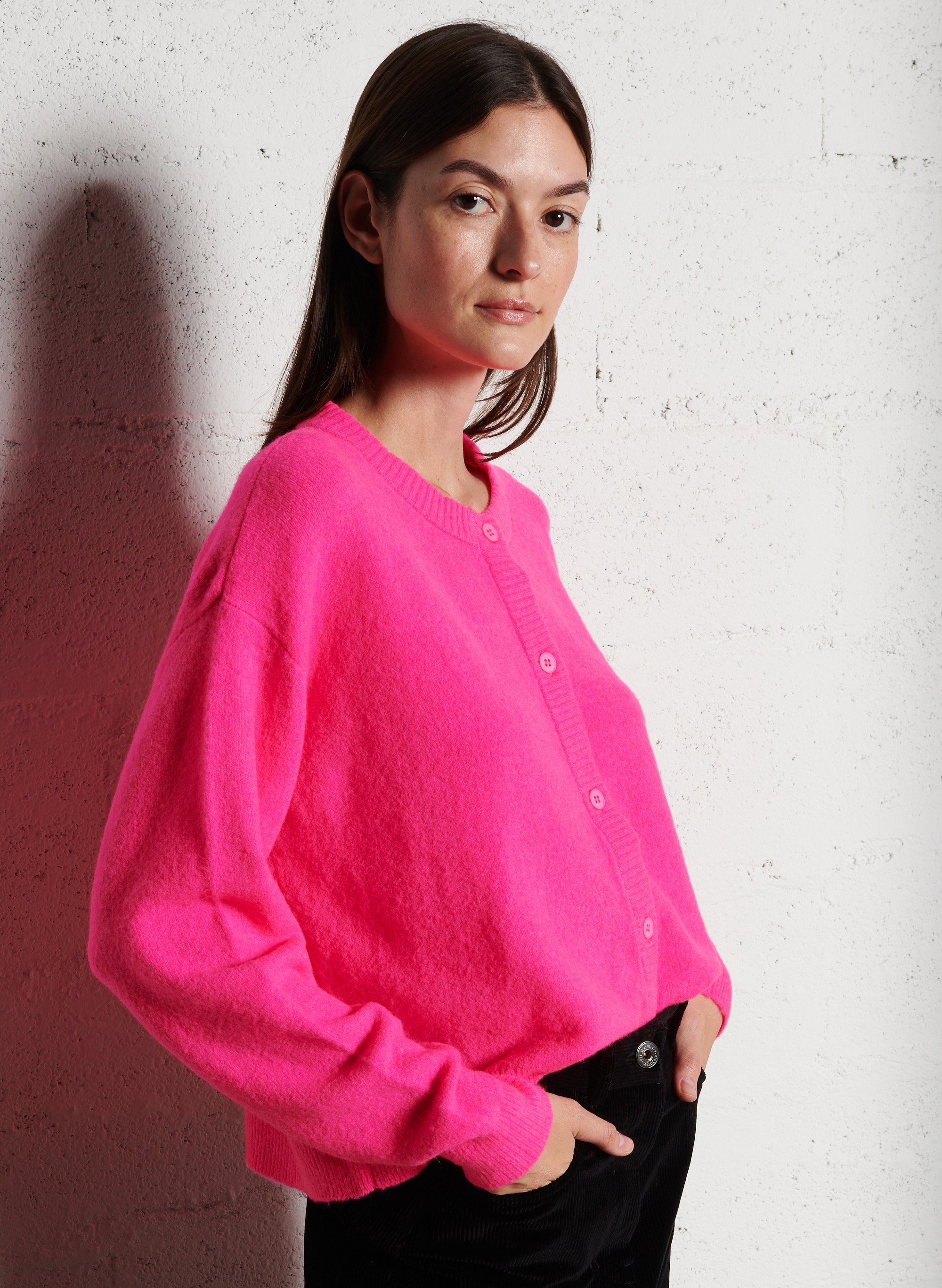 Gilet oversize col rond boutonné AMERICAN VINTAGE Rose