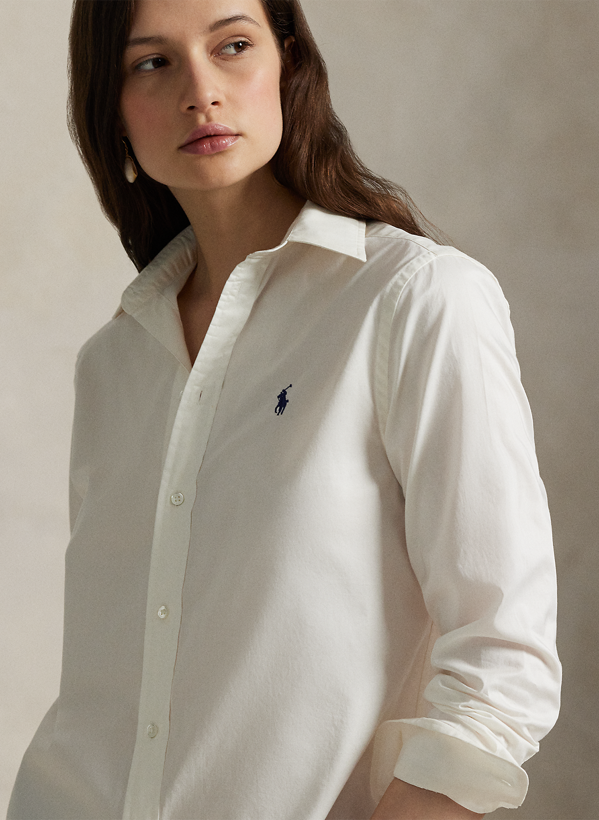 Chemise col classique manches contrastantes en coton POLO RALPH LAUREN Beige