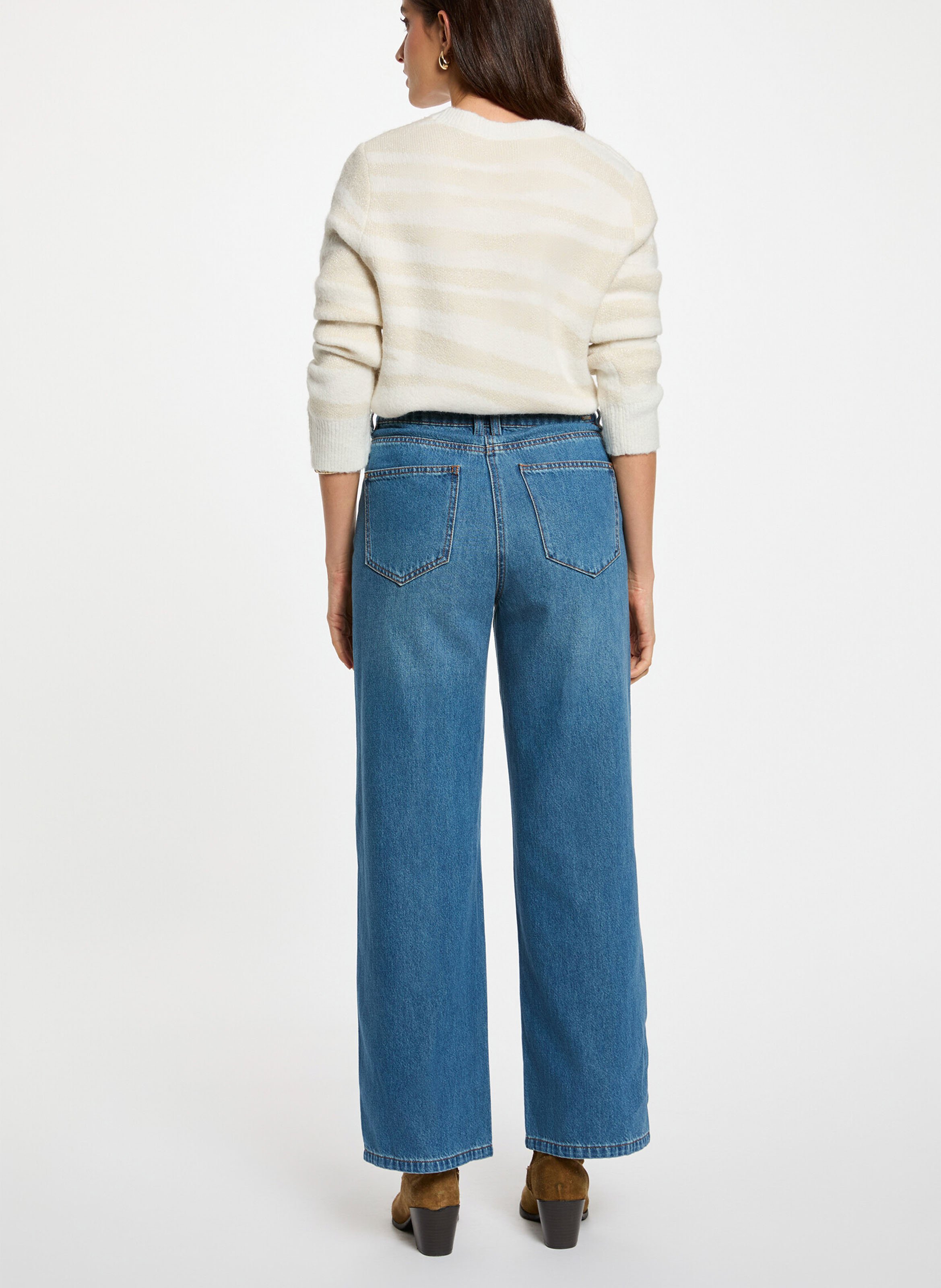 Straight round neck sweater in printed knit MORGAN Beige