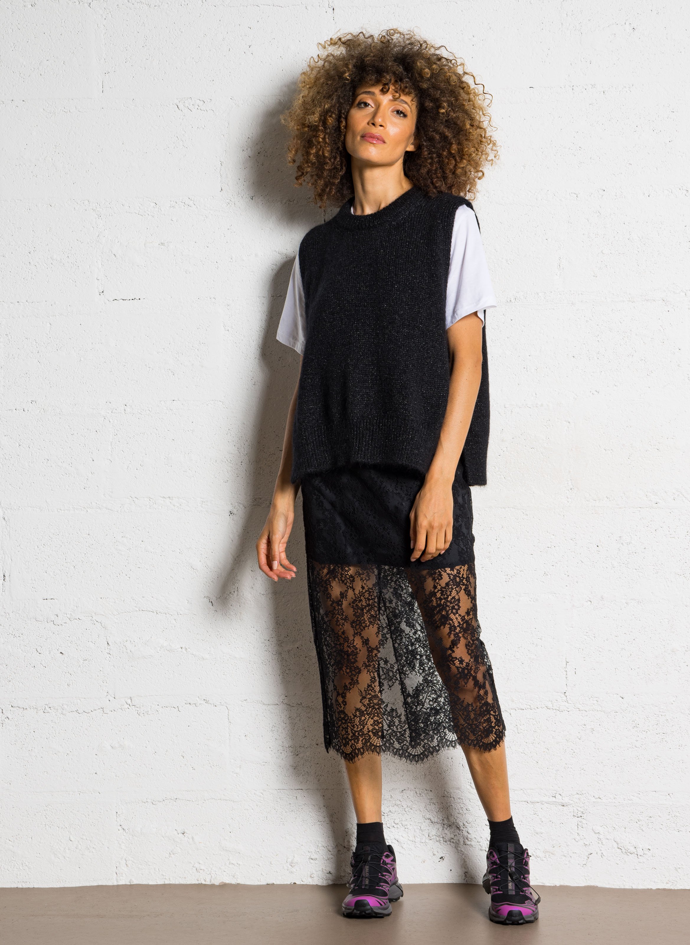 Oversized round neck metallic sweater MAISON ANJE Black