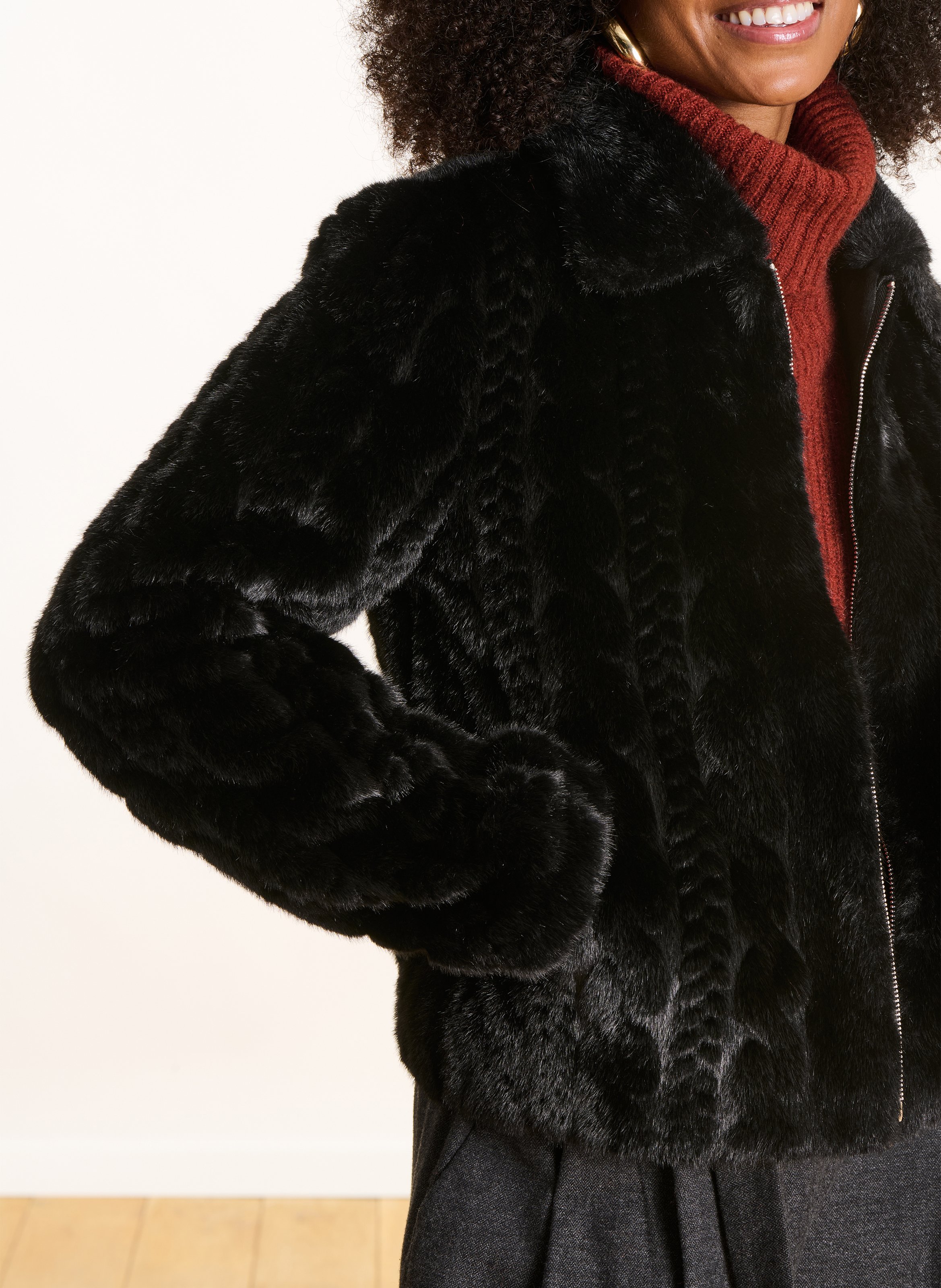 Faux fur jacket with classic collar LA FEE MARABOUTEE Black