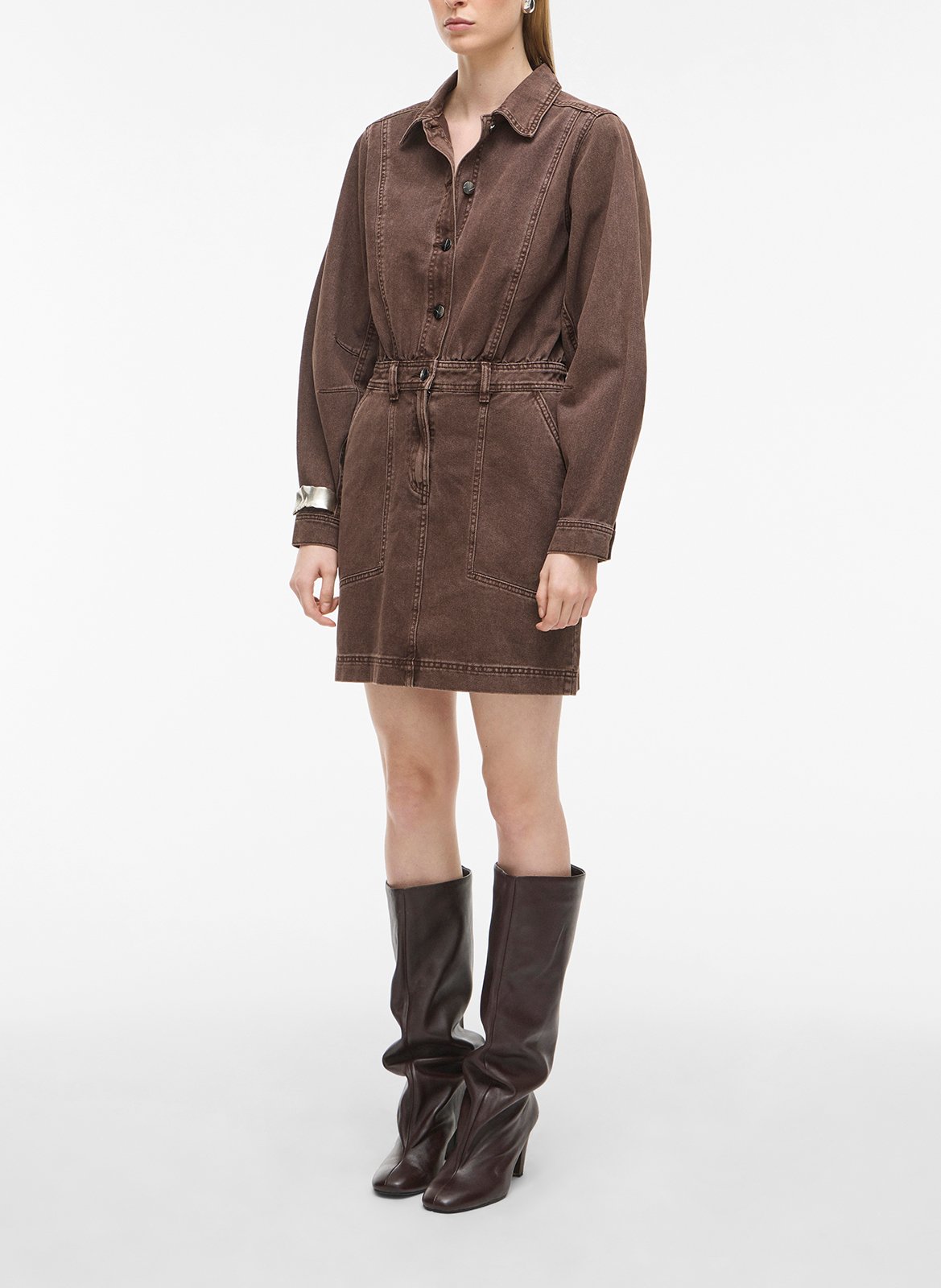 Robe courte col classique en coton et coton recyclé ROUGE EDIT Marron