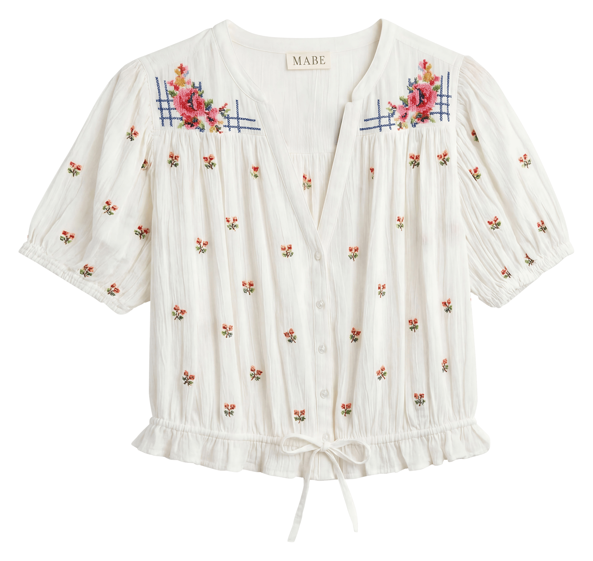 Top de algodón bordado recto con cuello de pico M.A.B.E Blanco