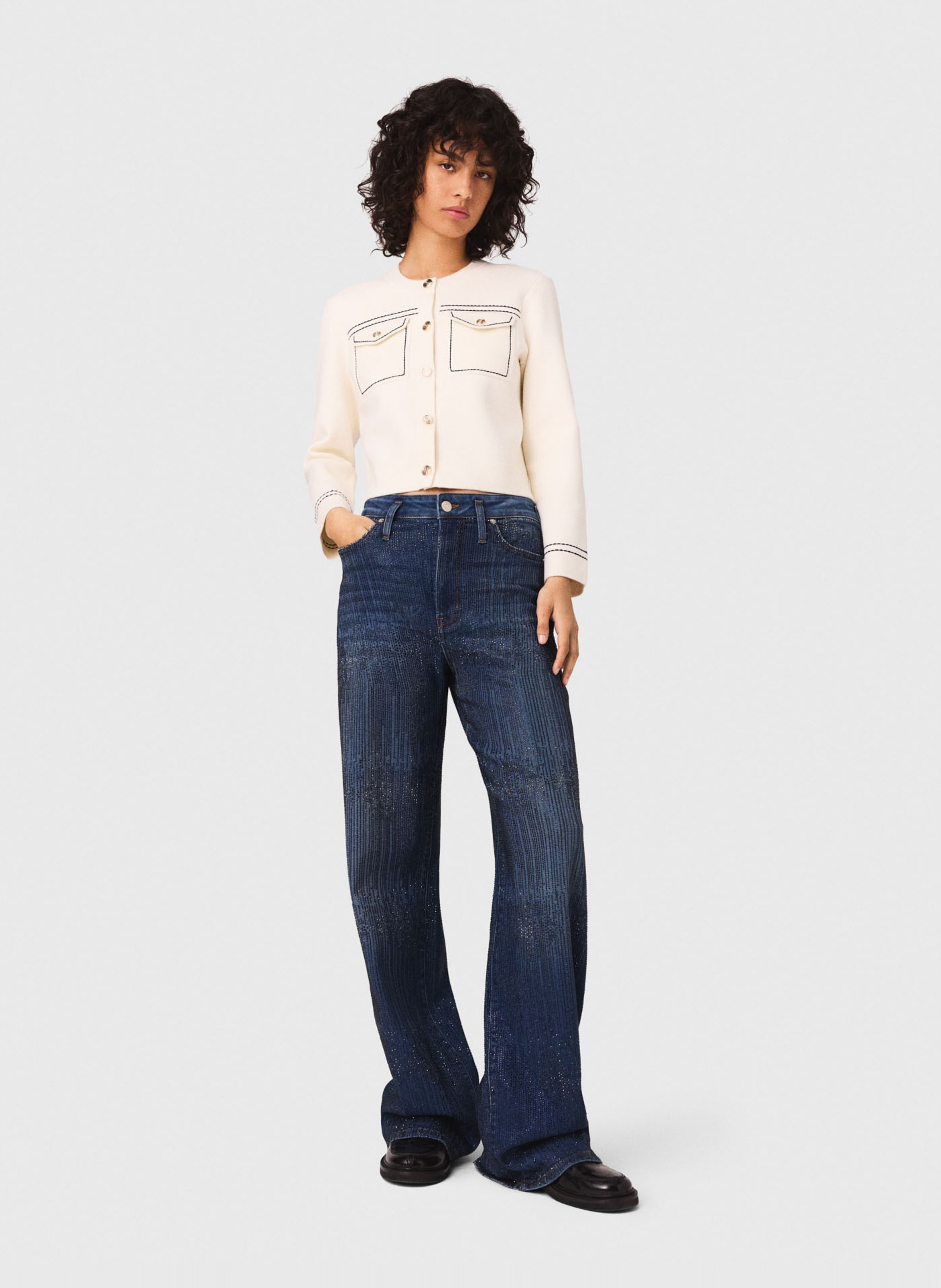 Wide leg jeans with rhinestones in blended cotton MAJE Blue