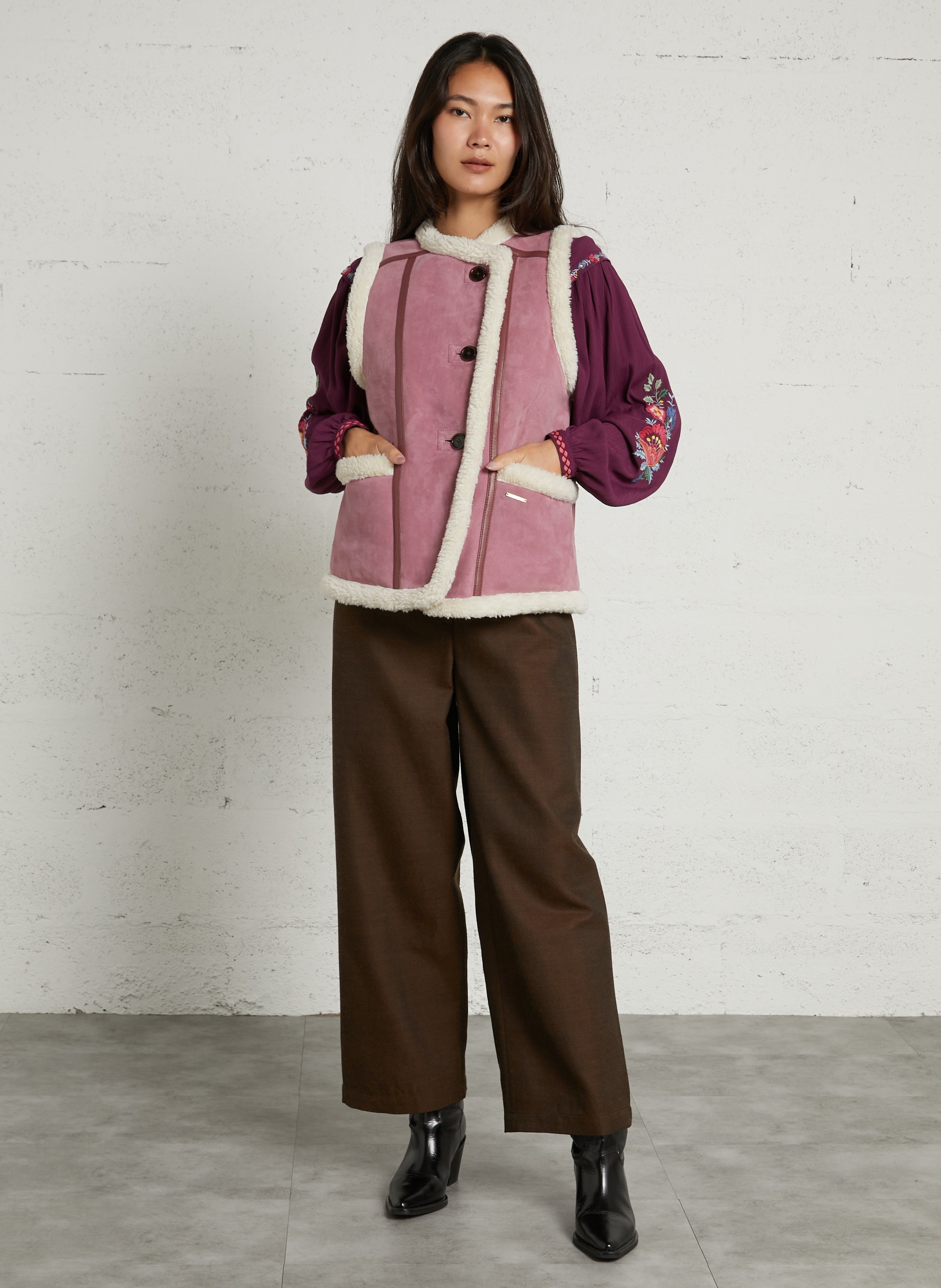 Veste droite col rond en cuir LOUISE MISHA Rose