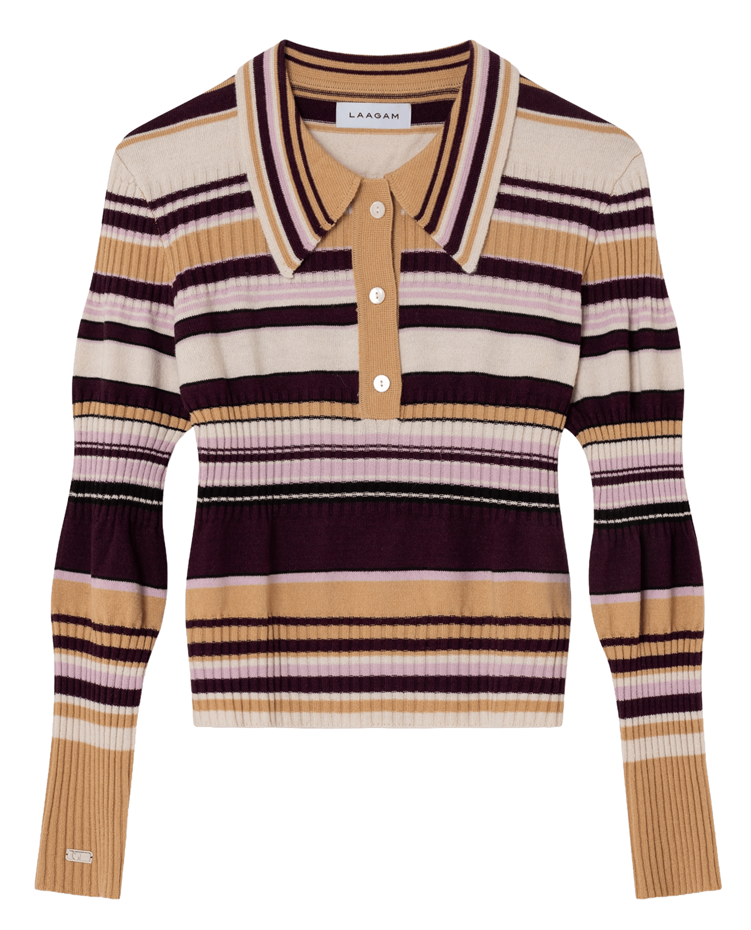Straight fit polo collar sweater in striped knit. LAAGAM Beige
