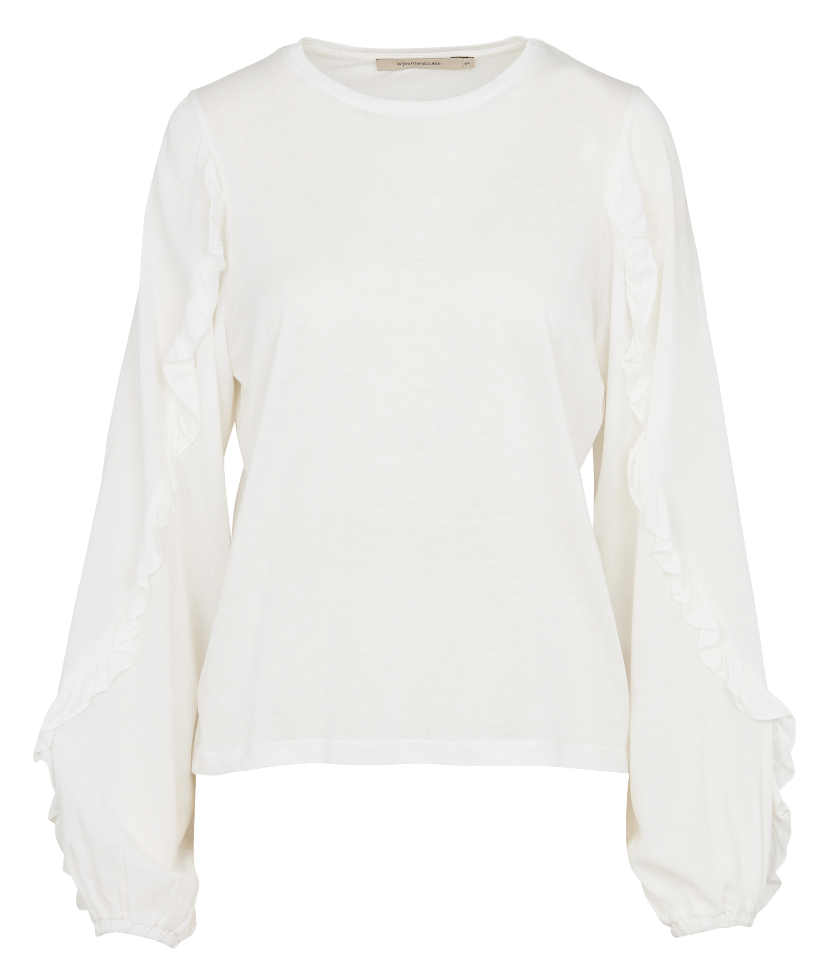 Round neck top with ruffles in two materials LA FEE MARABOUTEE
