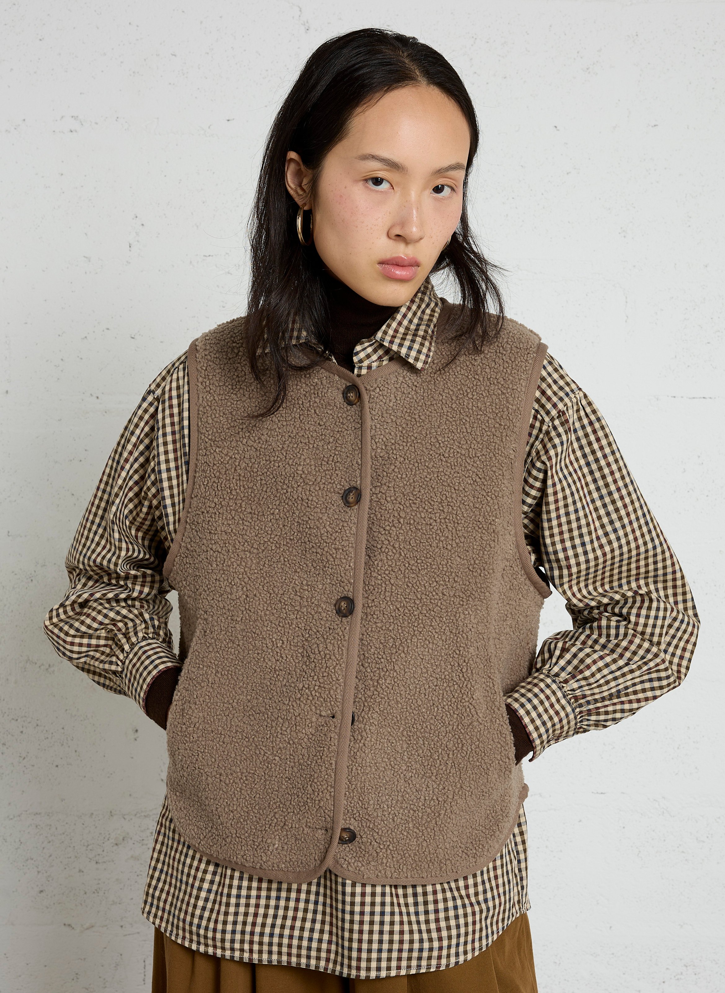 Gilet col rond sans manches duveteux HARTFORD Marron
