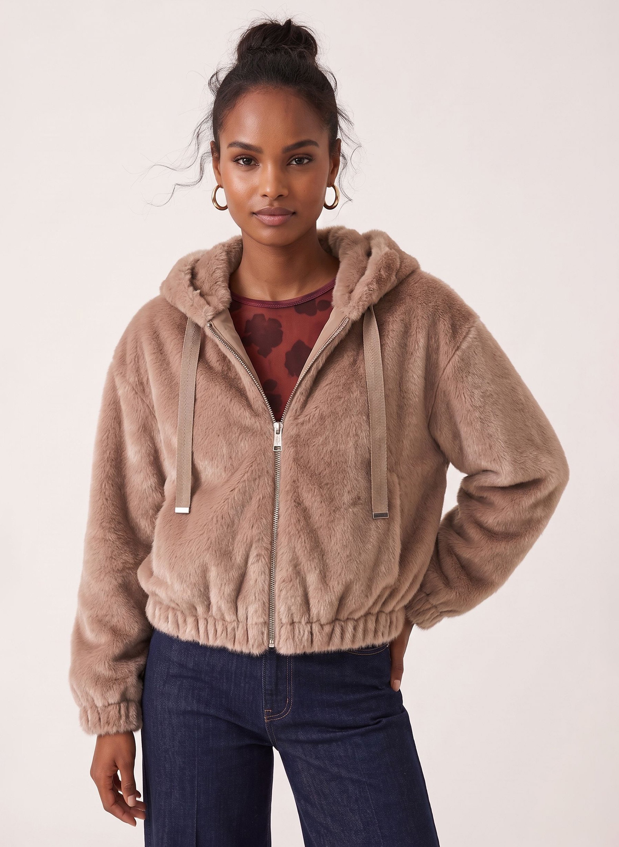 Veste droite à capuche effet fourrure KOOKAI
