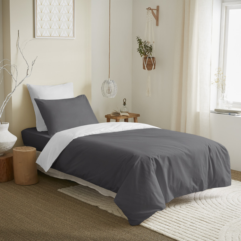 Complete 4-piece anthracite/white reversible duvet cover set for a 90 x 190 cm bed. COTON PUR White