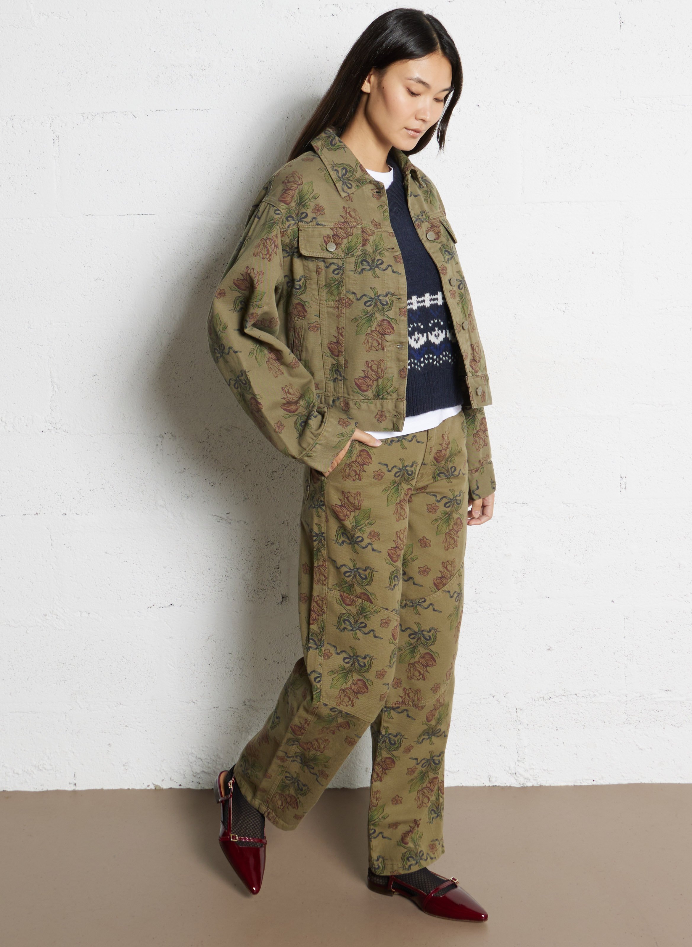 Jean large en coton bio et coton recyclé imprimé DAMSON MADDER Kaki