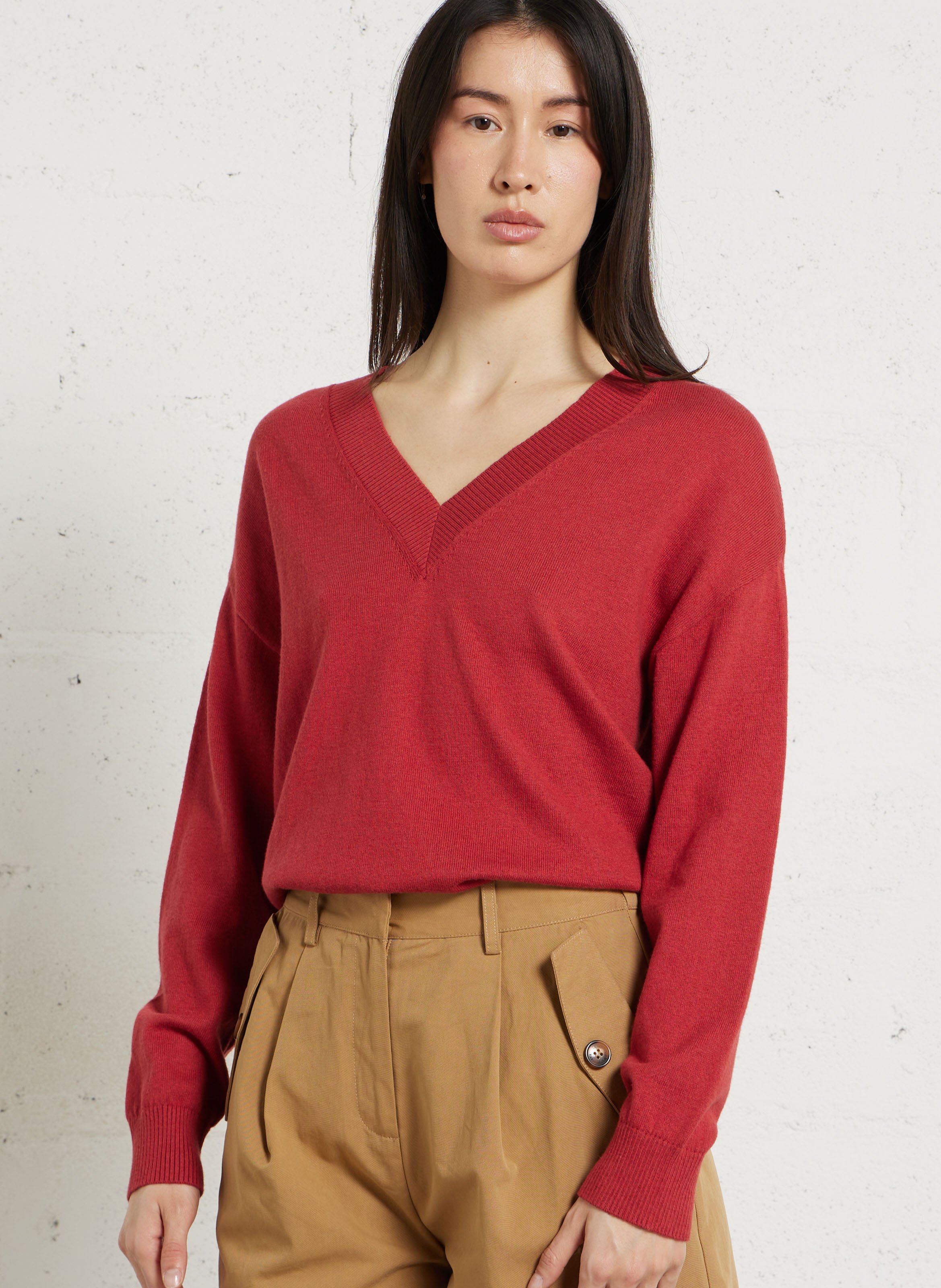 Pull col V manches longues uni SUD EXPRESS Rouge