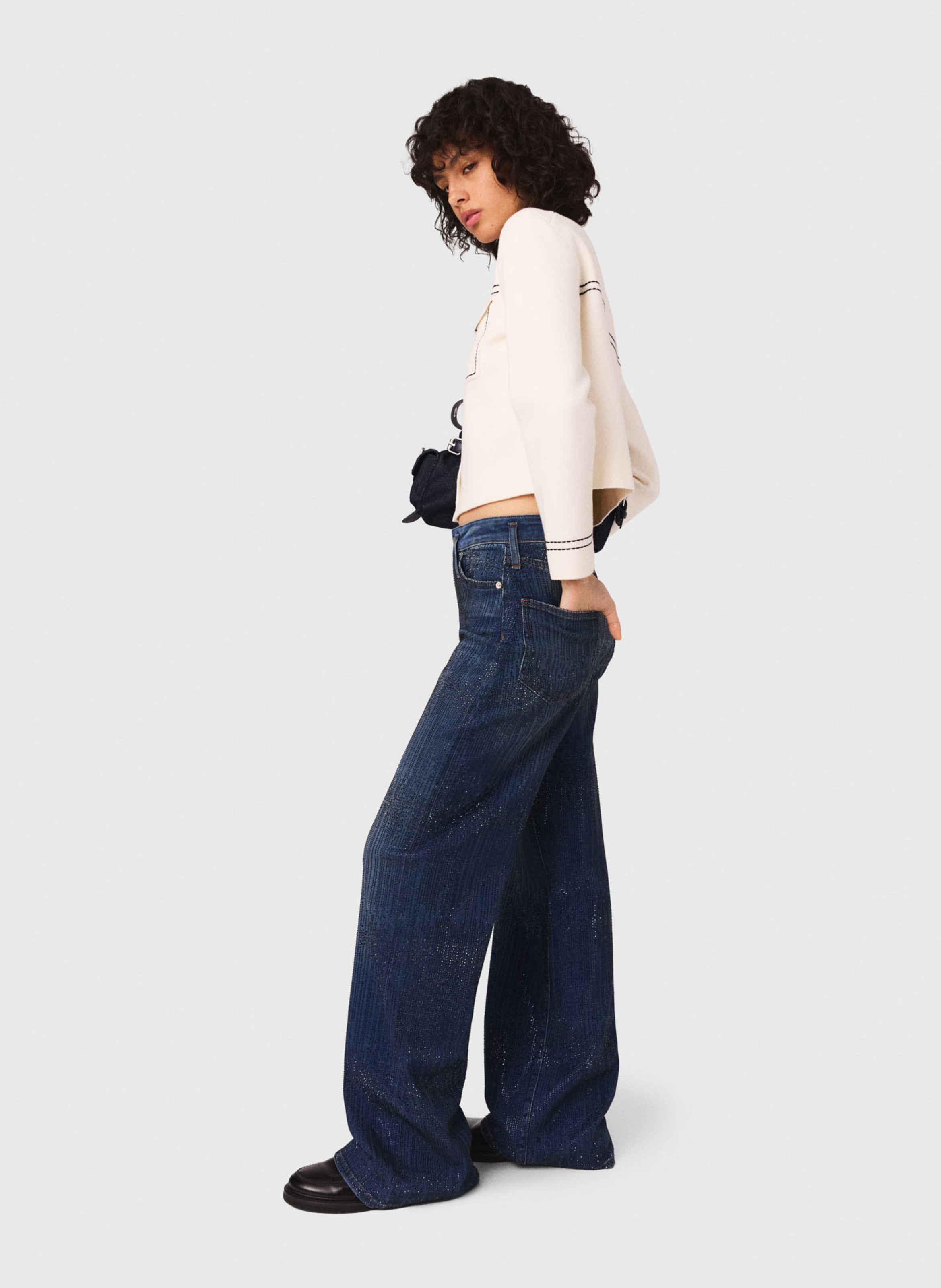 Wide leg jeans with rhinestones in blended cotton MAJE Blue