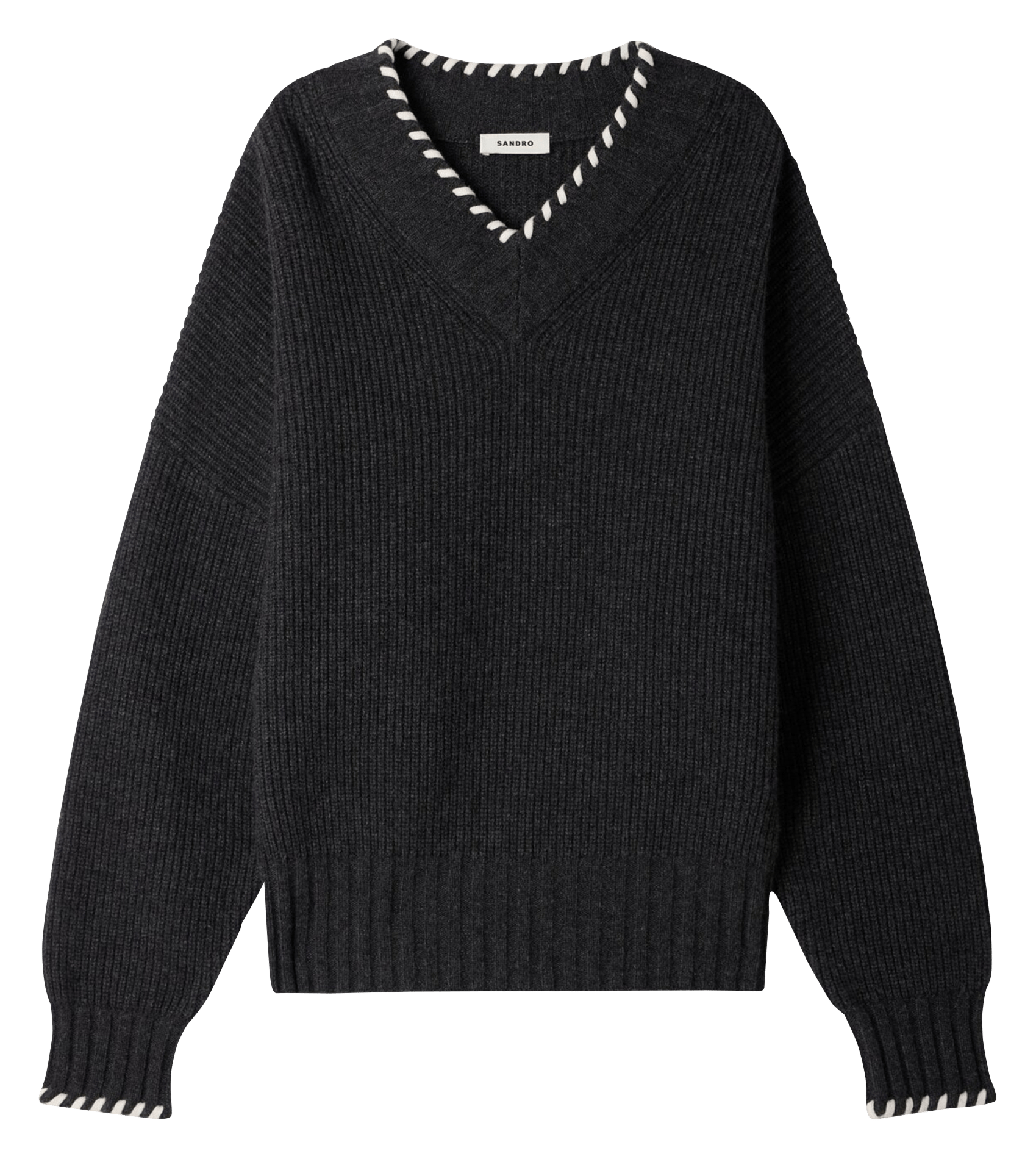 Pull droit col V en laine SANDRO Gris