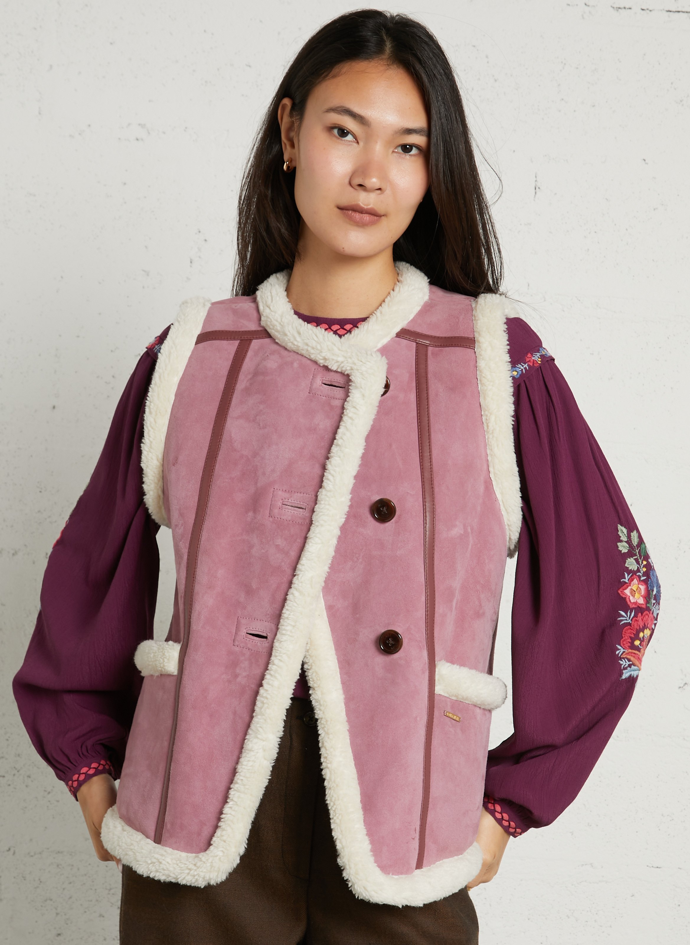Veste droite col rond en cuir LOUISE MISHA Rose