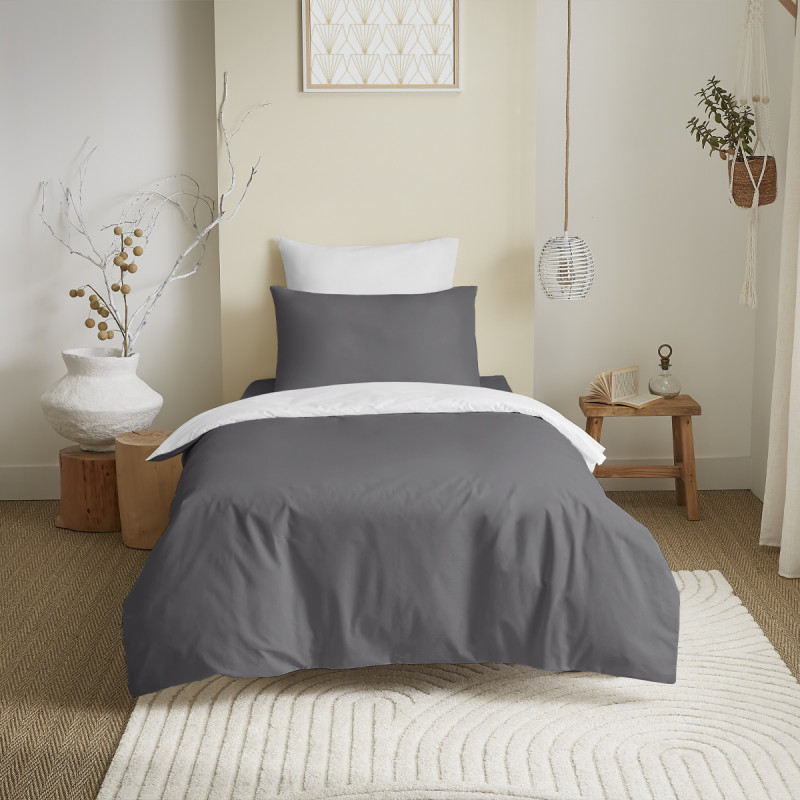 Complete 4-piece anthracite/white reversible duvet cover set for a 90 x 190 cm bed. COTON PUR White