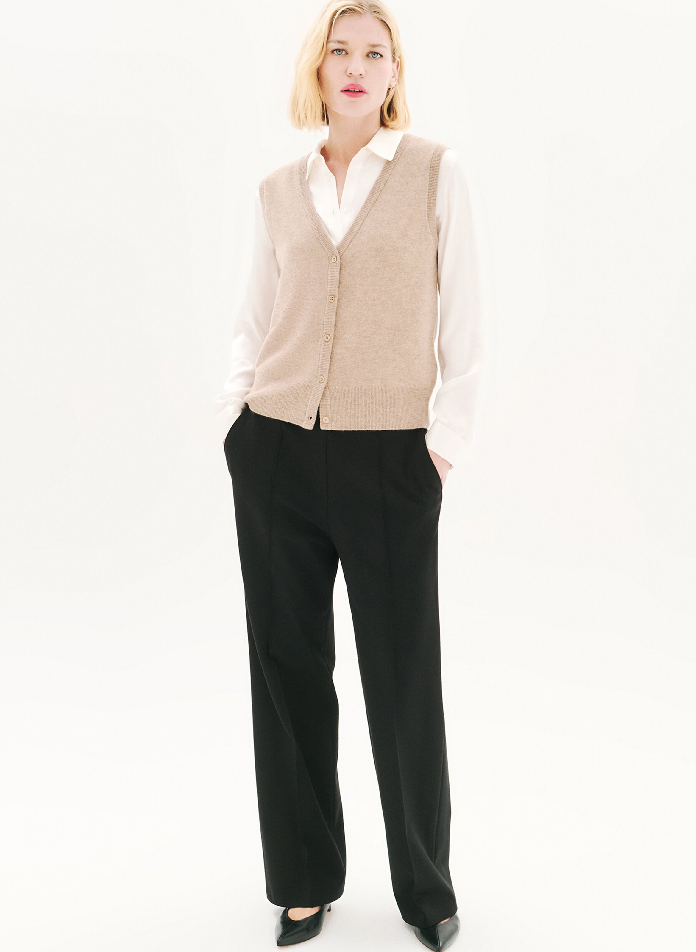 Gilet col V en laine mélangée CAROLL Brown