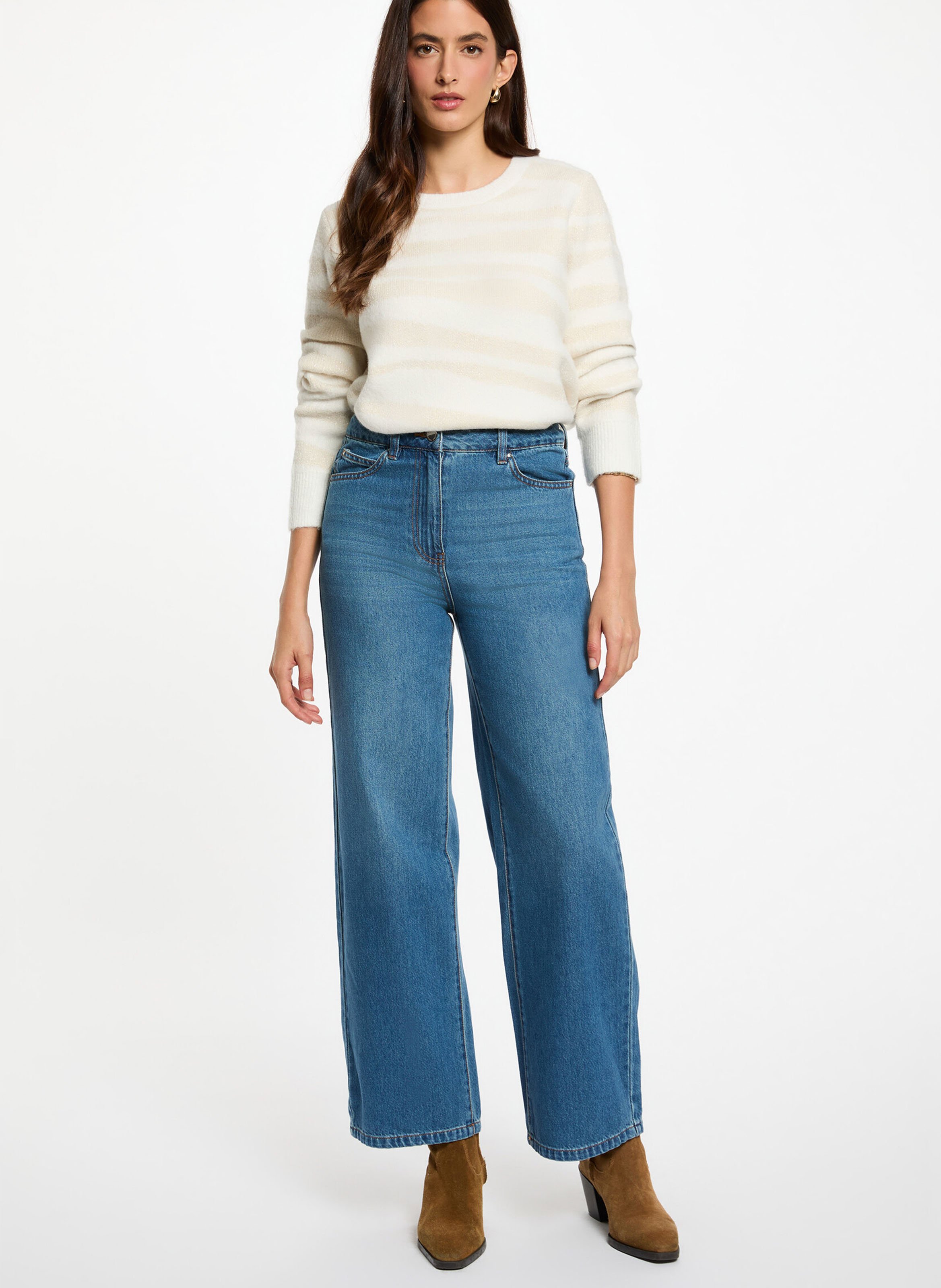 Straight round neck sweater in printed knit MORGAN Beige