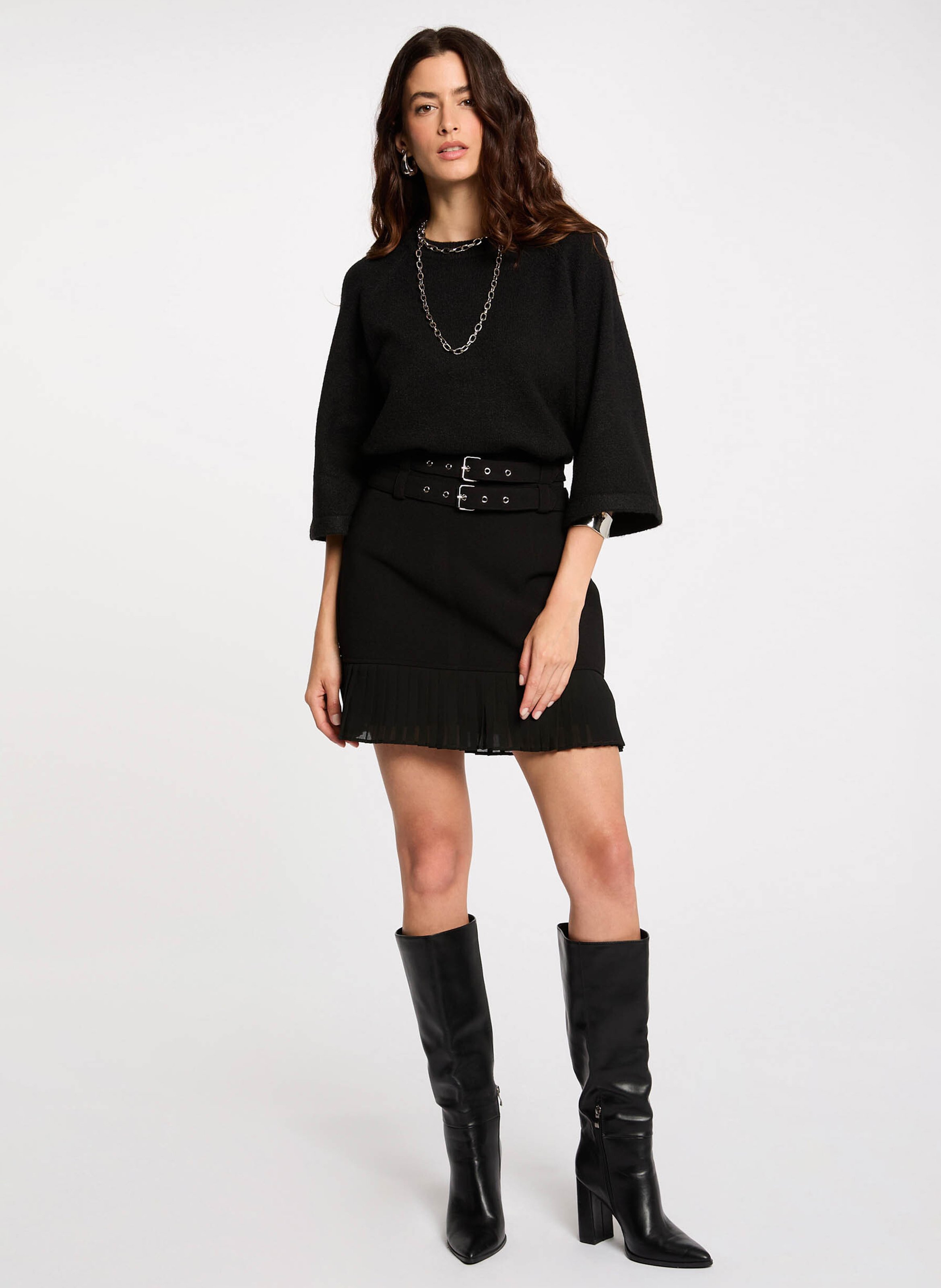 Jupe courte plissée en polyester recyclé mélangé MORGAN Noir