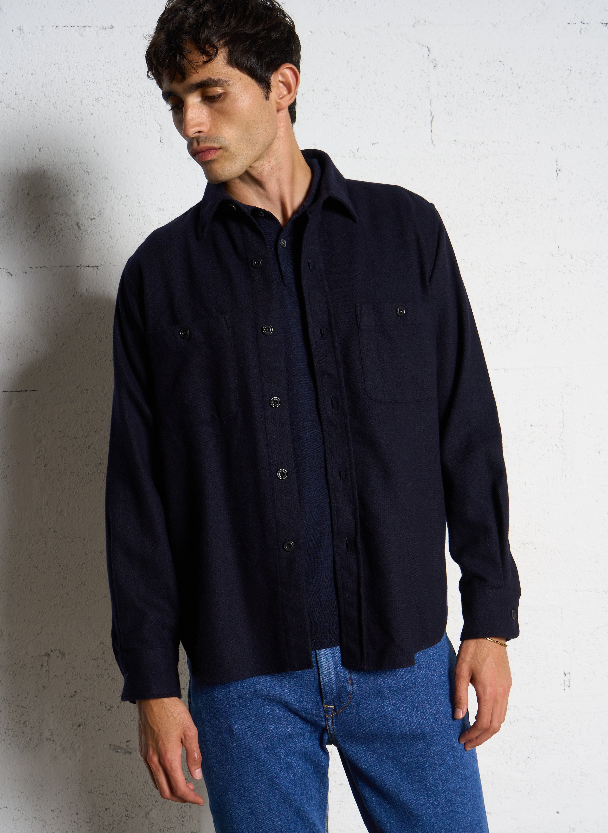 Chemise unie droite en laine mélangée HARTFORD Bleu