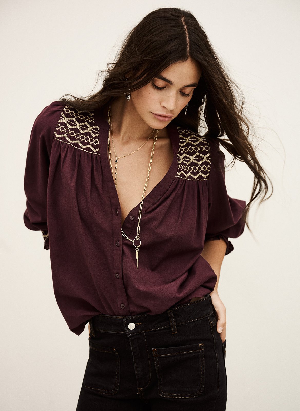 Blouse met V-hals | katoenblend BA&SH Paars