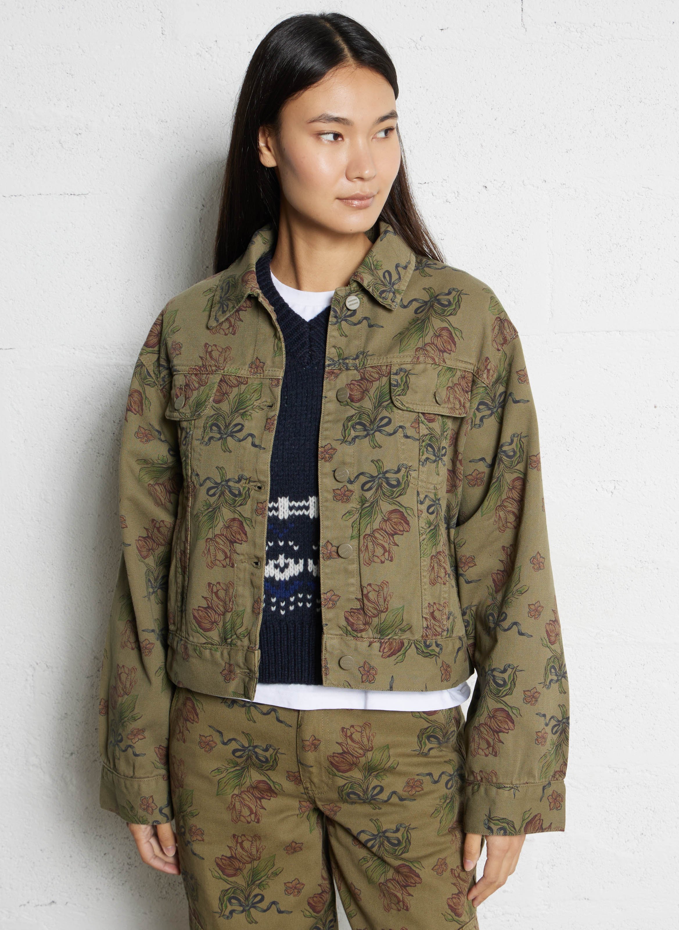 Veste droite col classique en coton bio et coton recyclé imprimé DAMSON MADDER Kaki