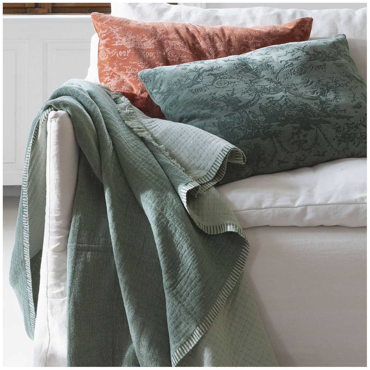 Plaid siméon en coton et fibres de bambou - 130 x 170 cm - céladon BLANC D'IVOIRE Vert