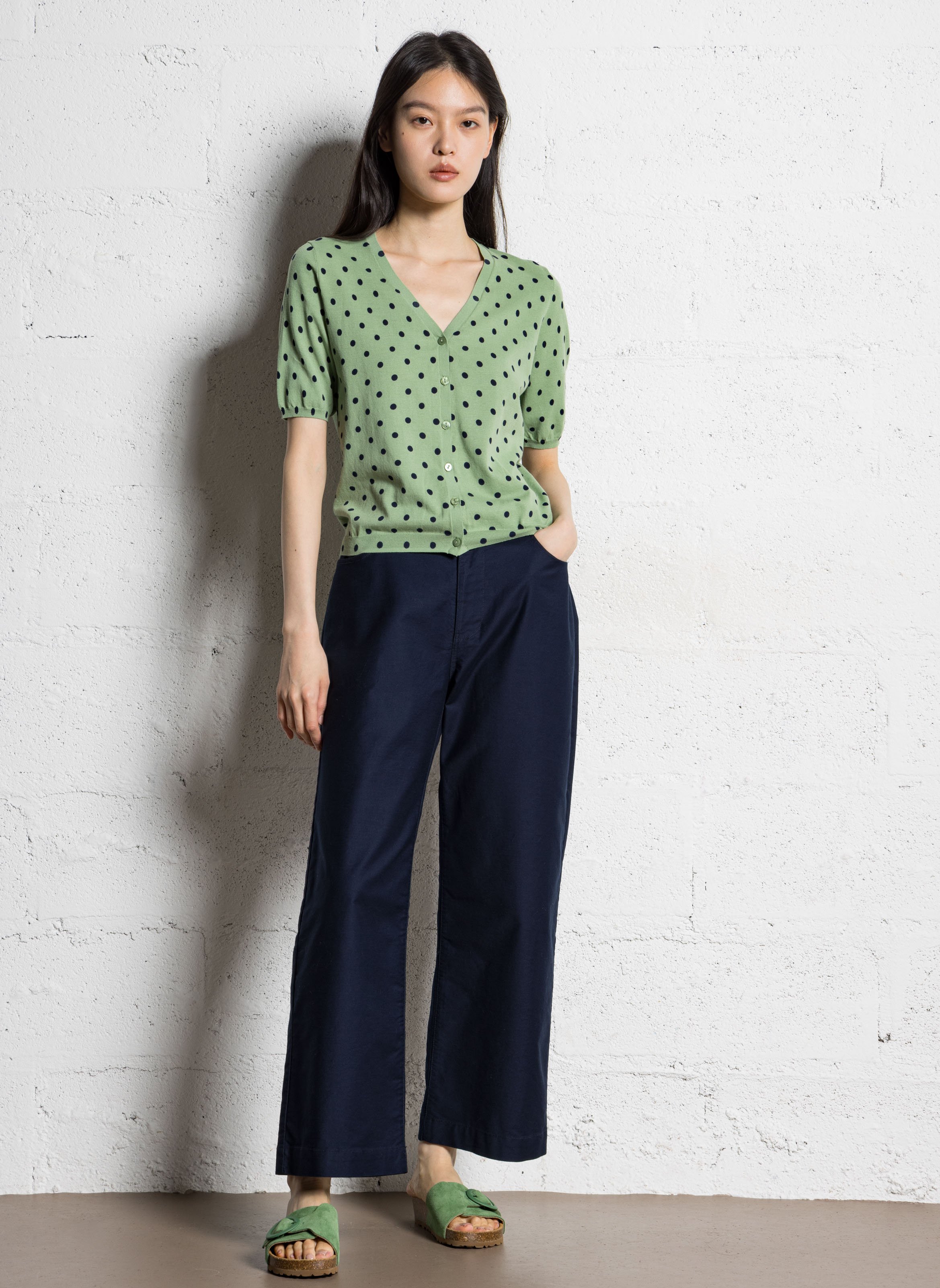 Recht, katoenen vest met V-hals en print NICE THINGS Groen