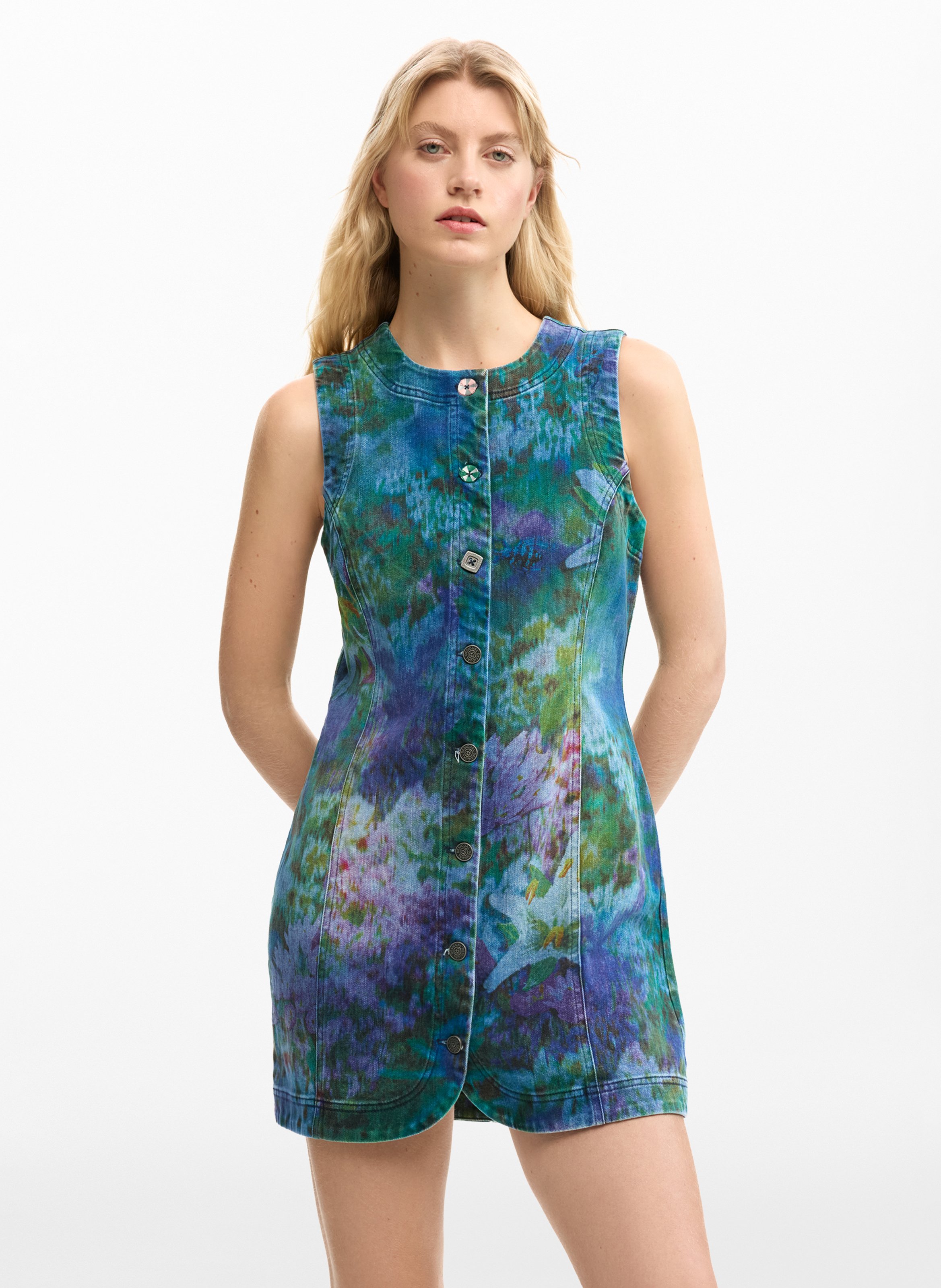 Korte jurk met print en ronde hals DESIGUAL Blauw