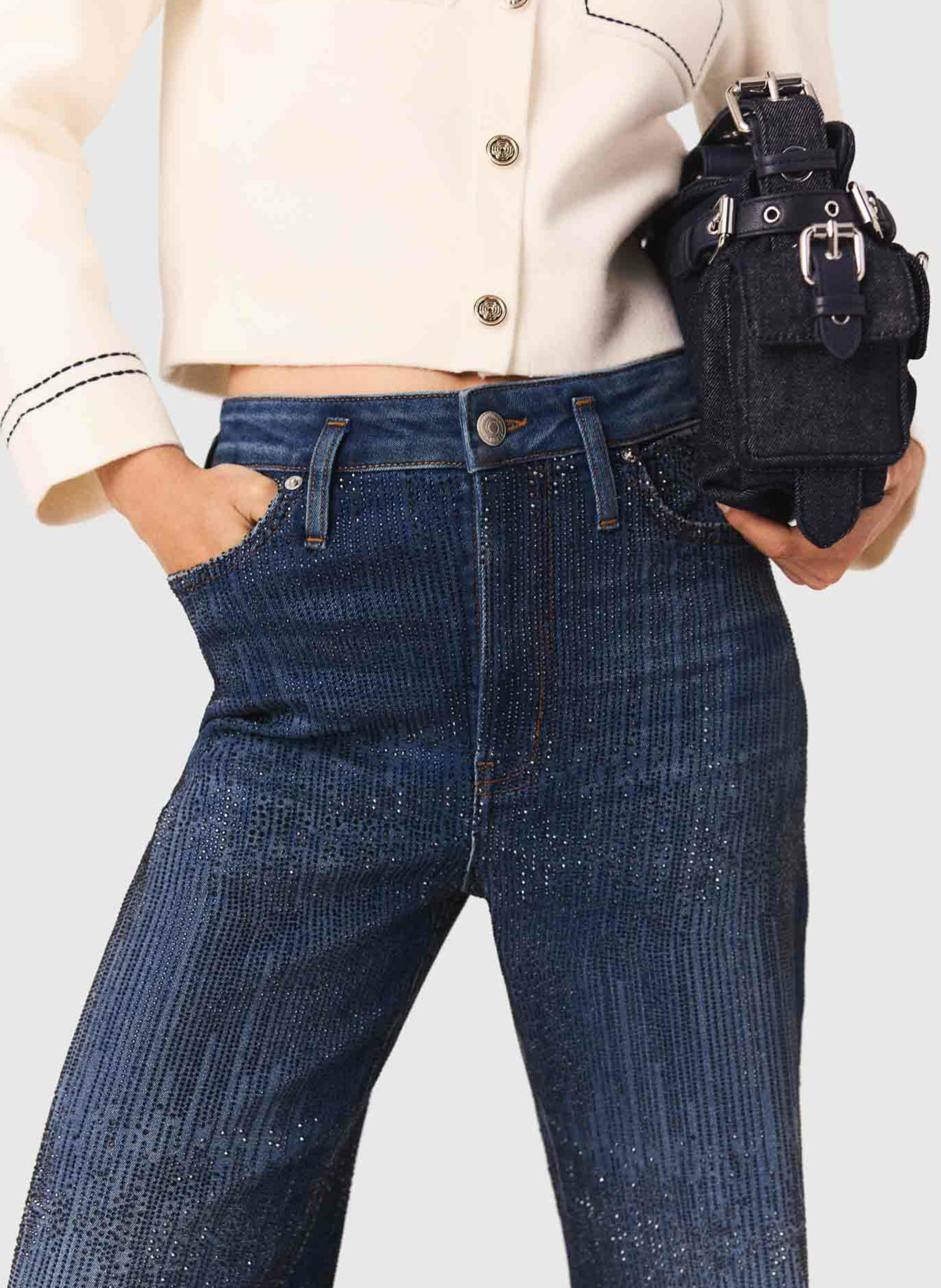 Wide leg jeans with rhinestones in blended cotton MAJE Blue