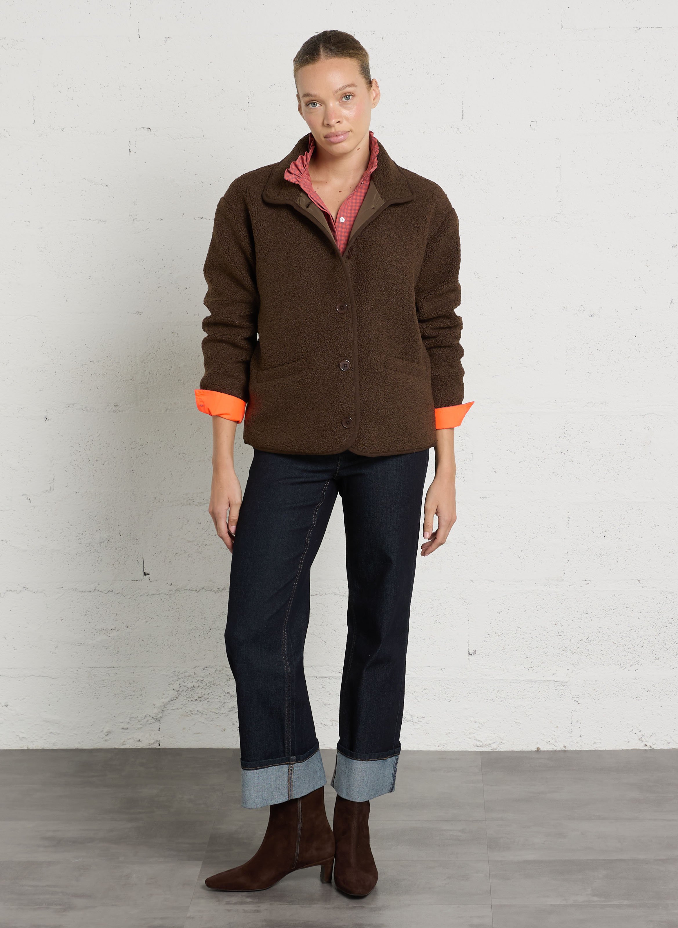 Straight jacket with high collar in bouclé wool JC SOPHIE Brown