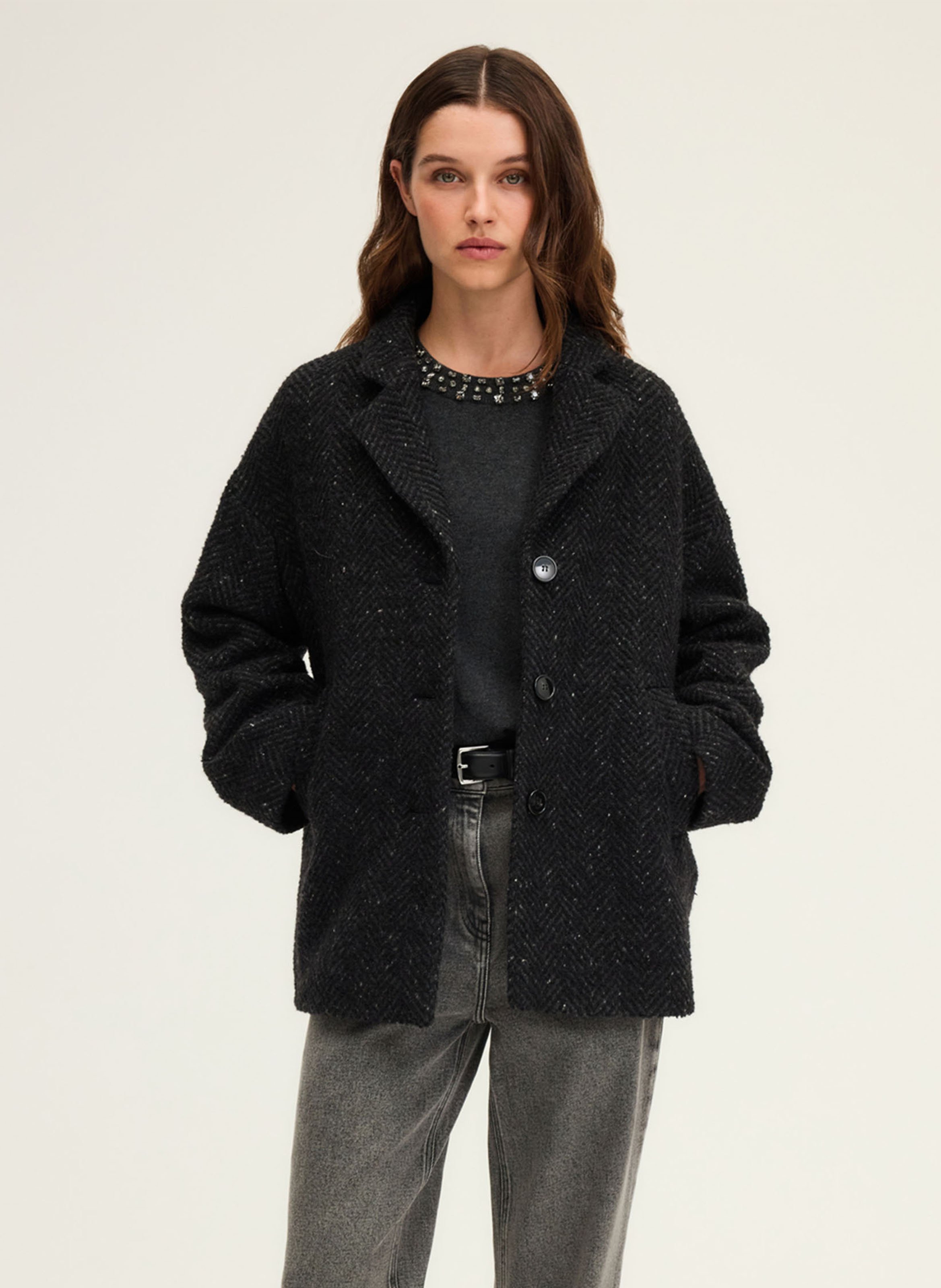 Manteau col tailleur en laine mélangée PABLO Noir