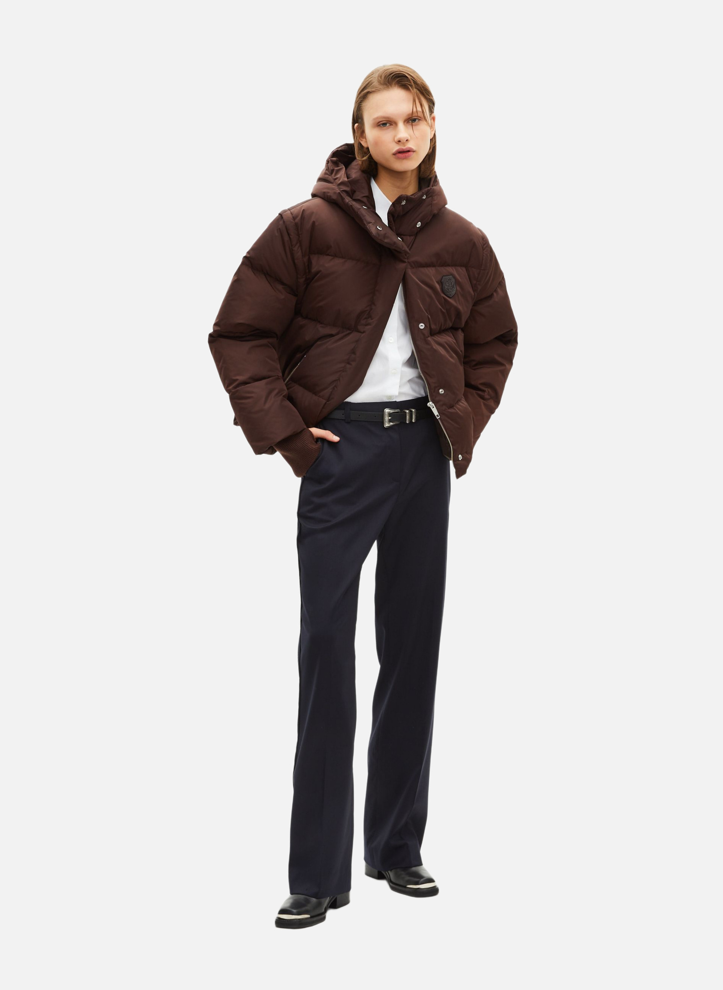 Lightweight quilted padded jacket with high neck Brown