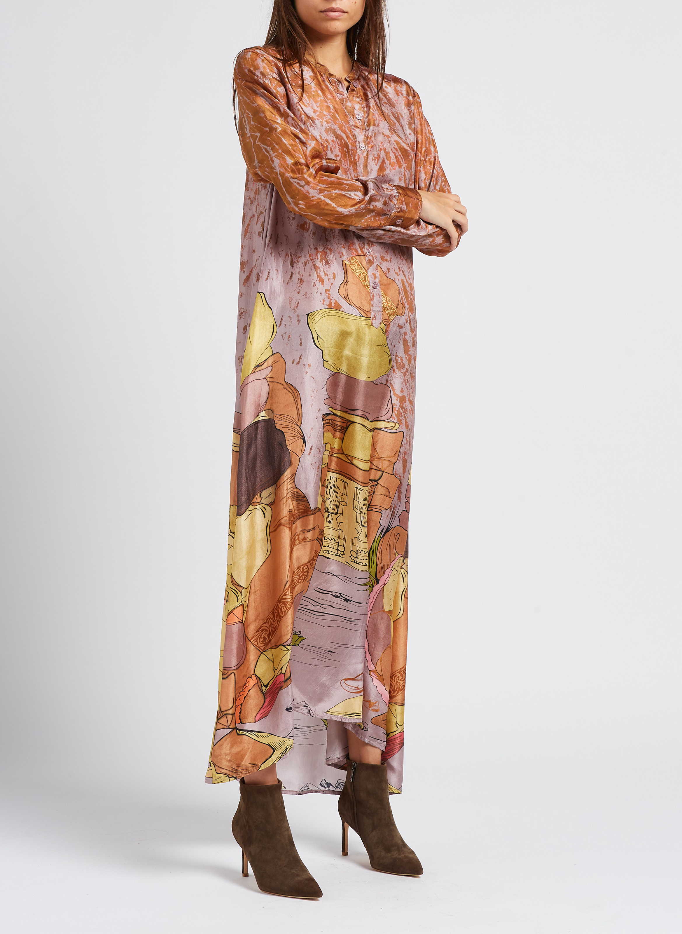 Langes bedrucktes Hemdkleid aus Seide MES DEMOISELLES Rosa