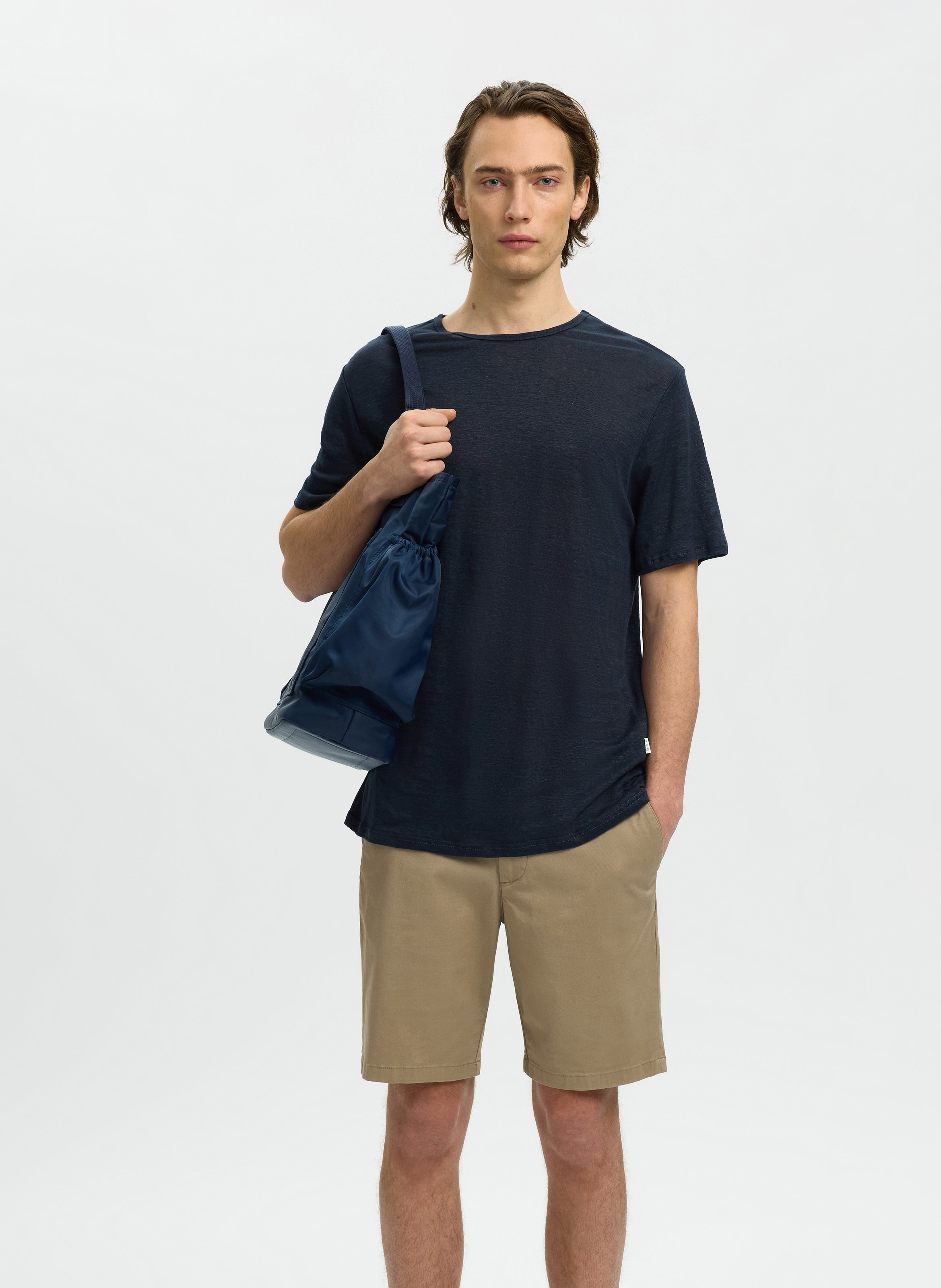 Round-neck linen T-shirt SELECTED Blue