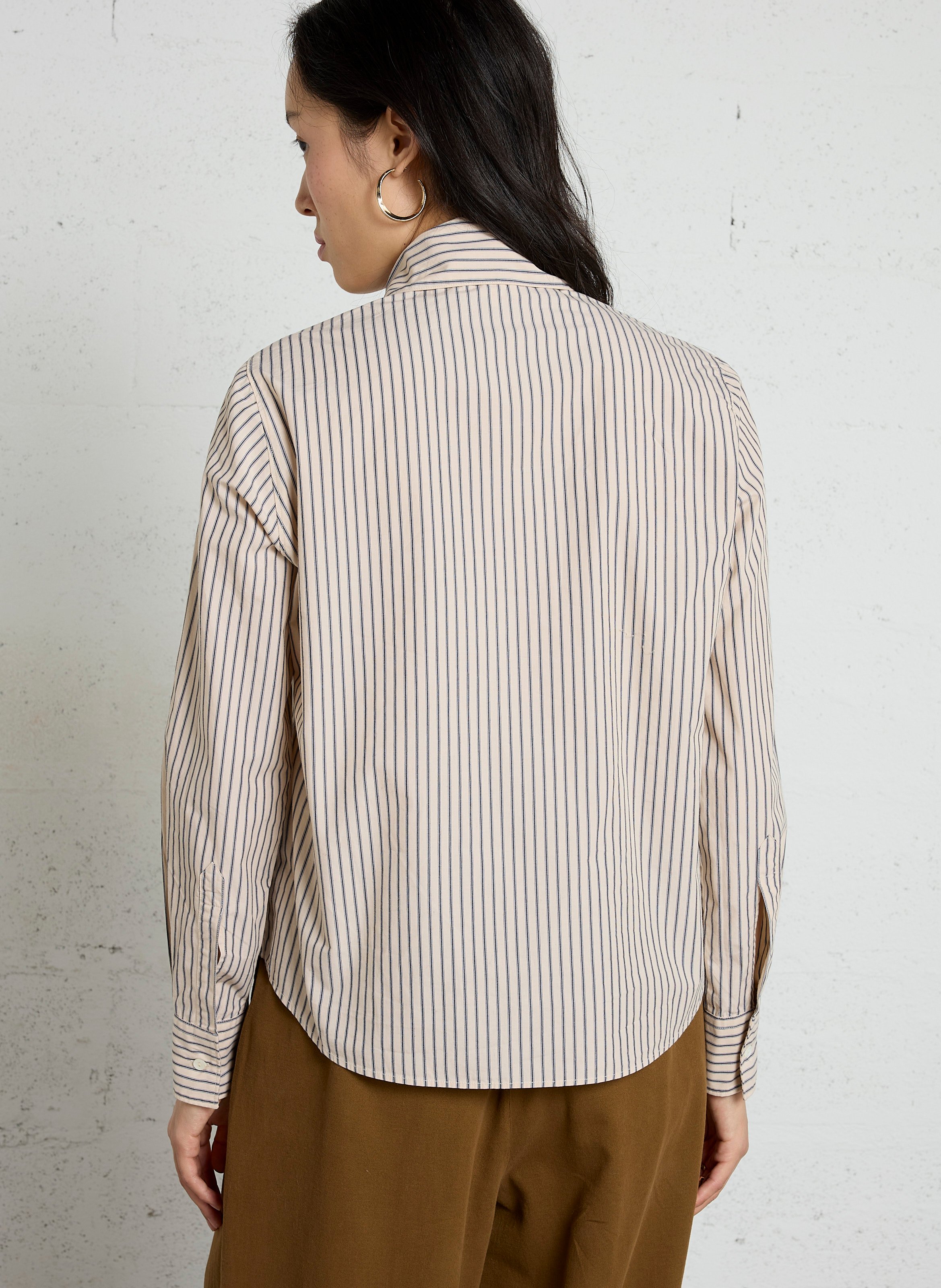 Chemise droite col lavallière rayée en coton bio DIEGA Beige