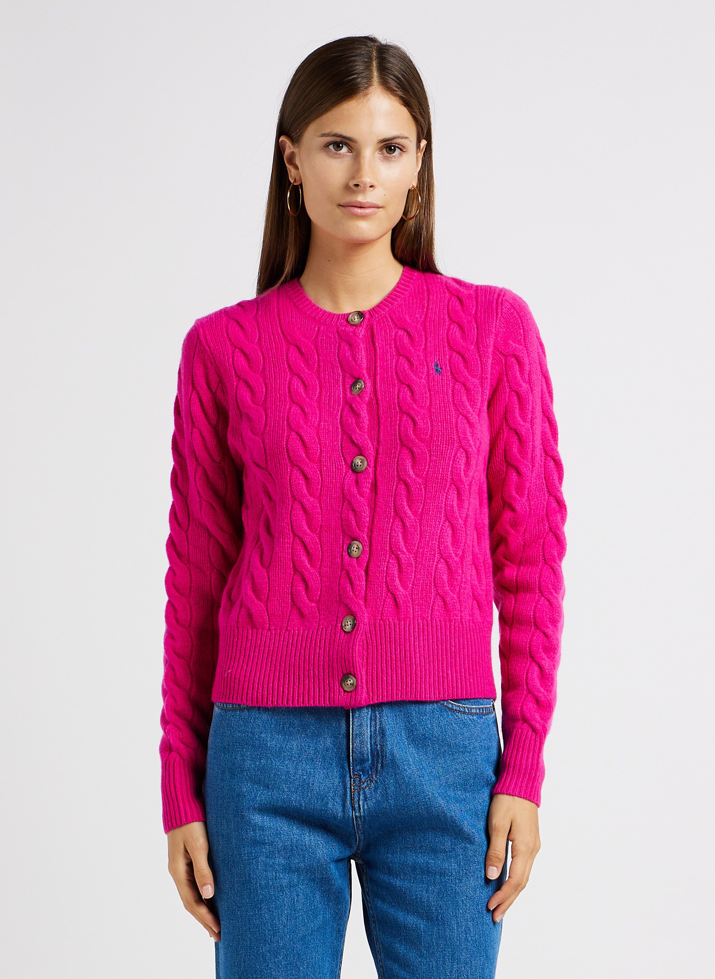 Pink Embroidered wool and cashmere round neck cardigan