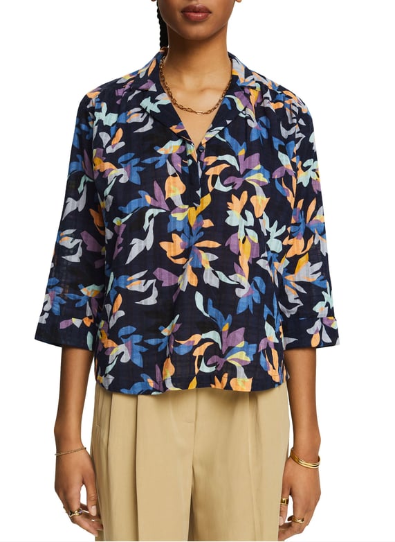 Chemisier col tailleur droit en coton imprimé Bleu Esprit Femme
