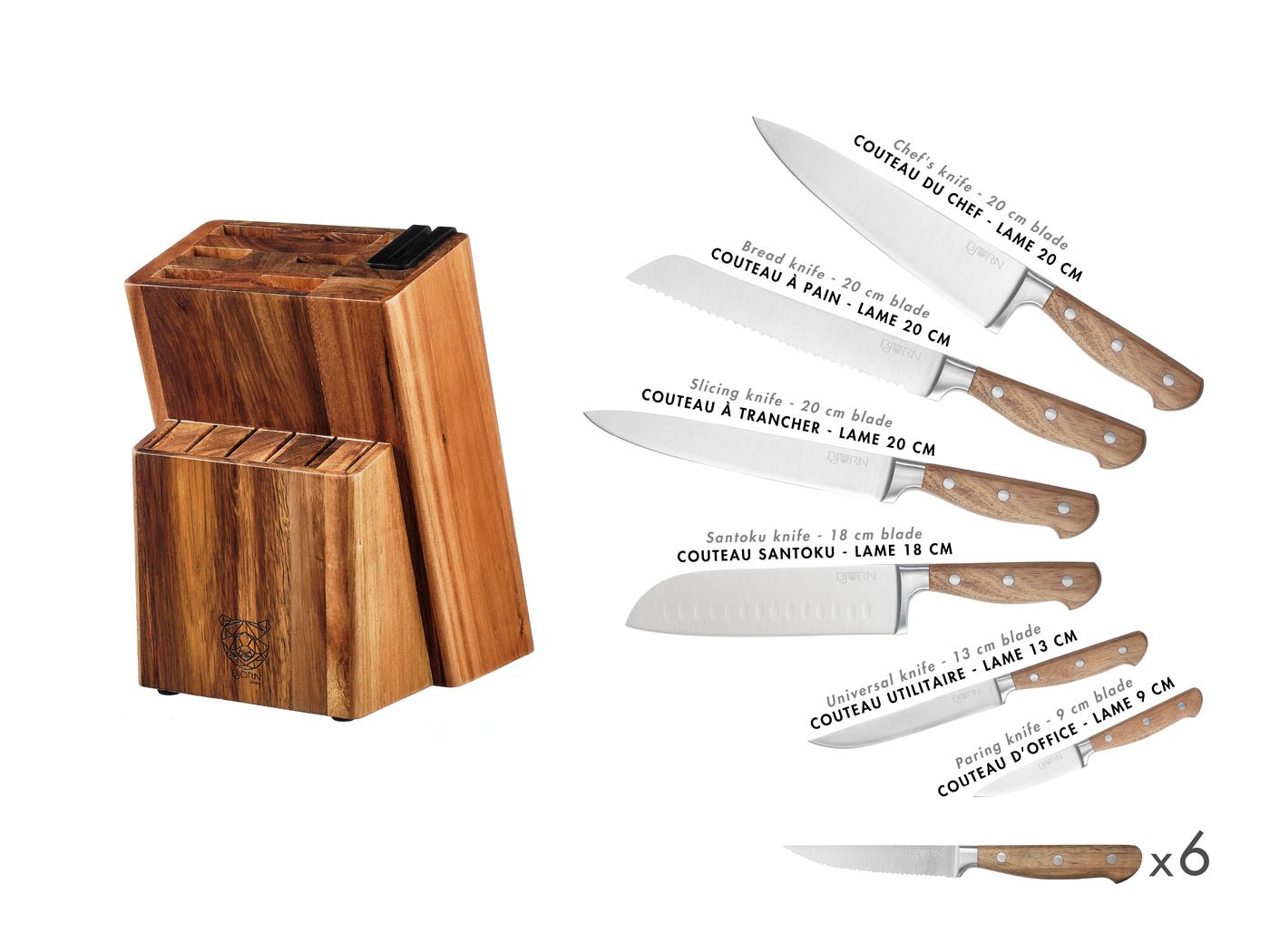 Jakob Loviisa kitchen knives and steak knives set - 14 pieces BJORN Brown