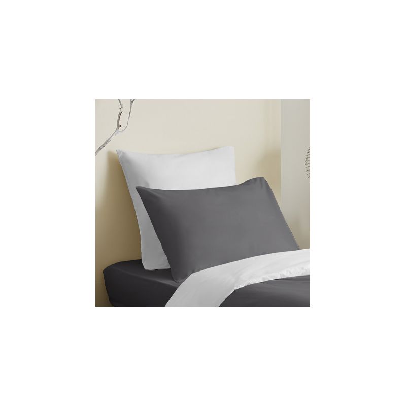 Complete 4-piece anthracite/white reversible duvet cover set for a 90 x 190 cm bed. COTON PUR White