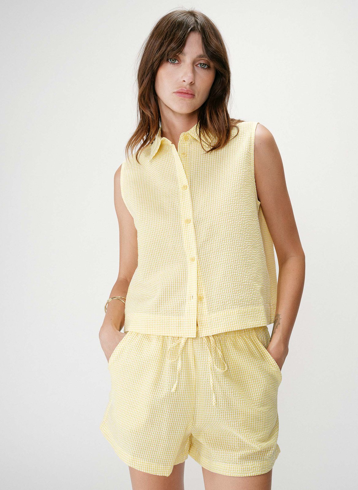 Chemise col classique manches contrastantes en coton GRACE ET MILA Yellow