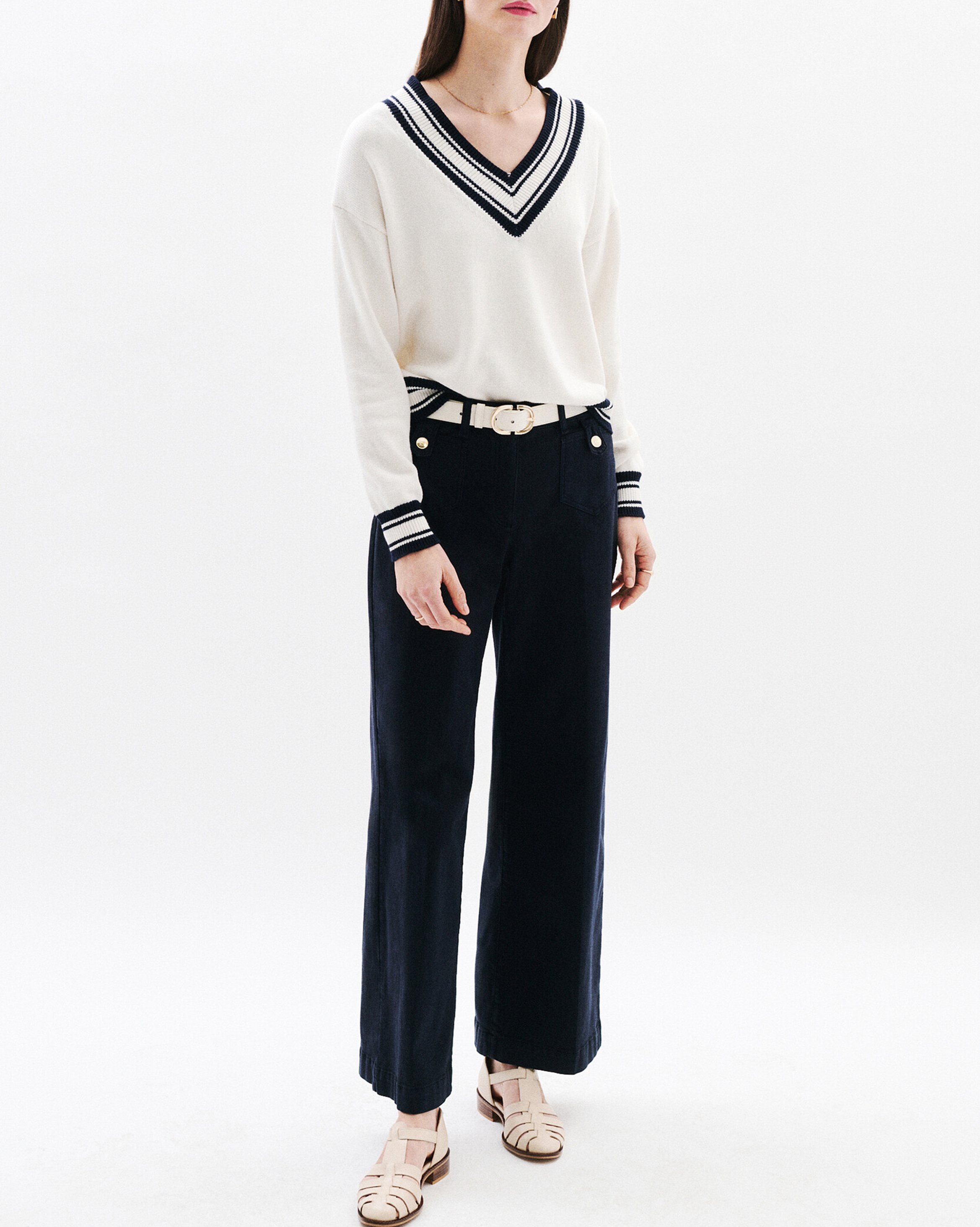 Straight V-neck cotton sweater CAROLL Beige