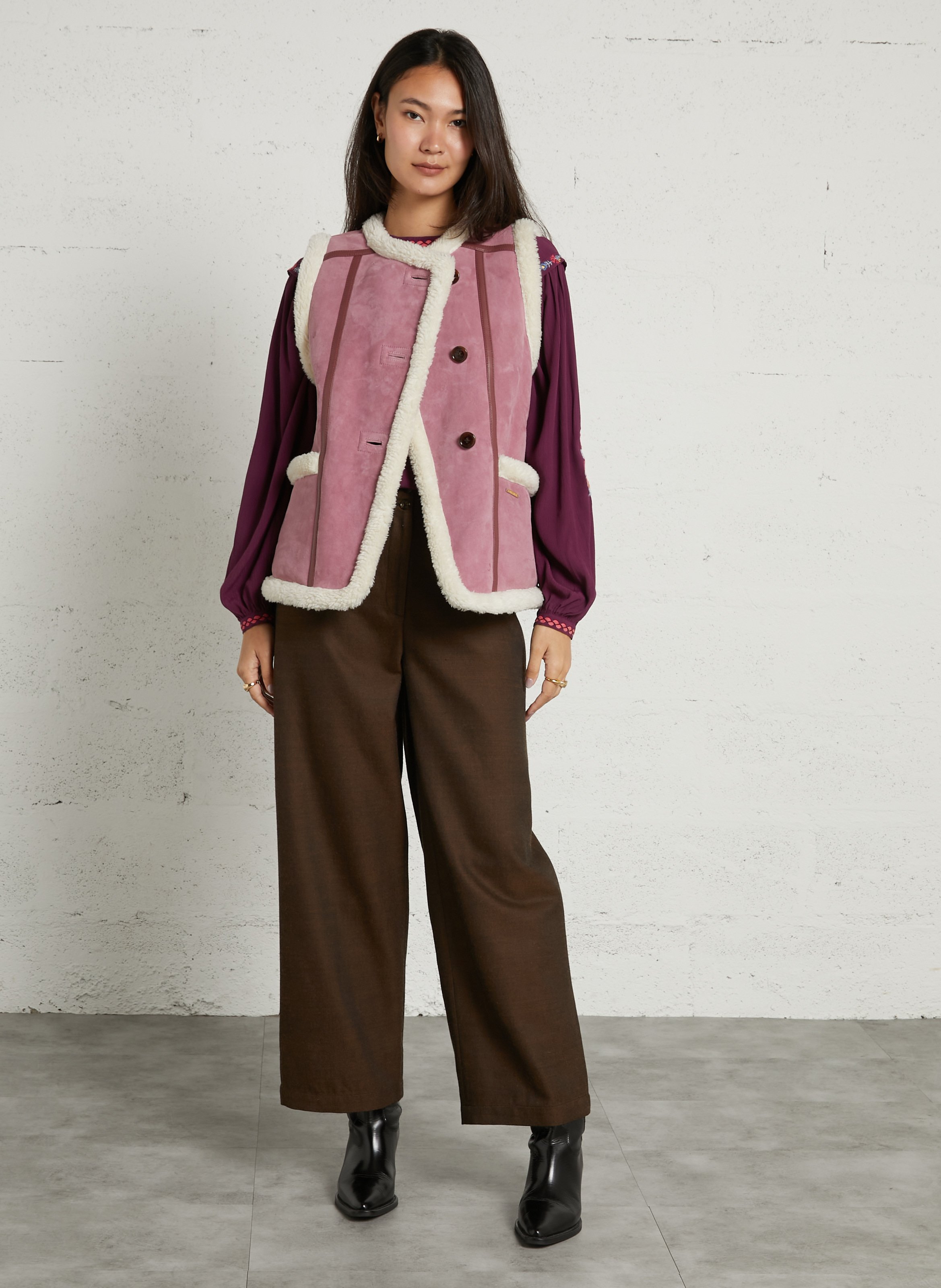 Veste droite col rond en cuir LOUISE MISHA Rose