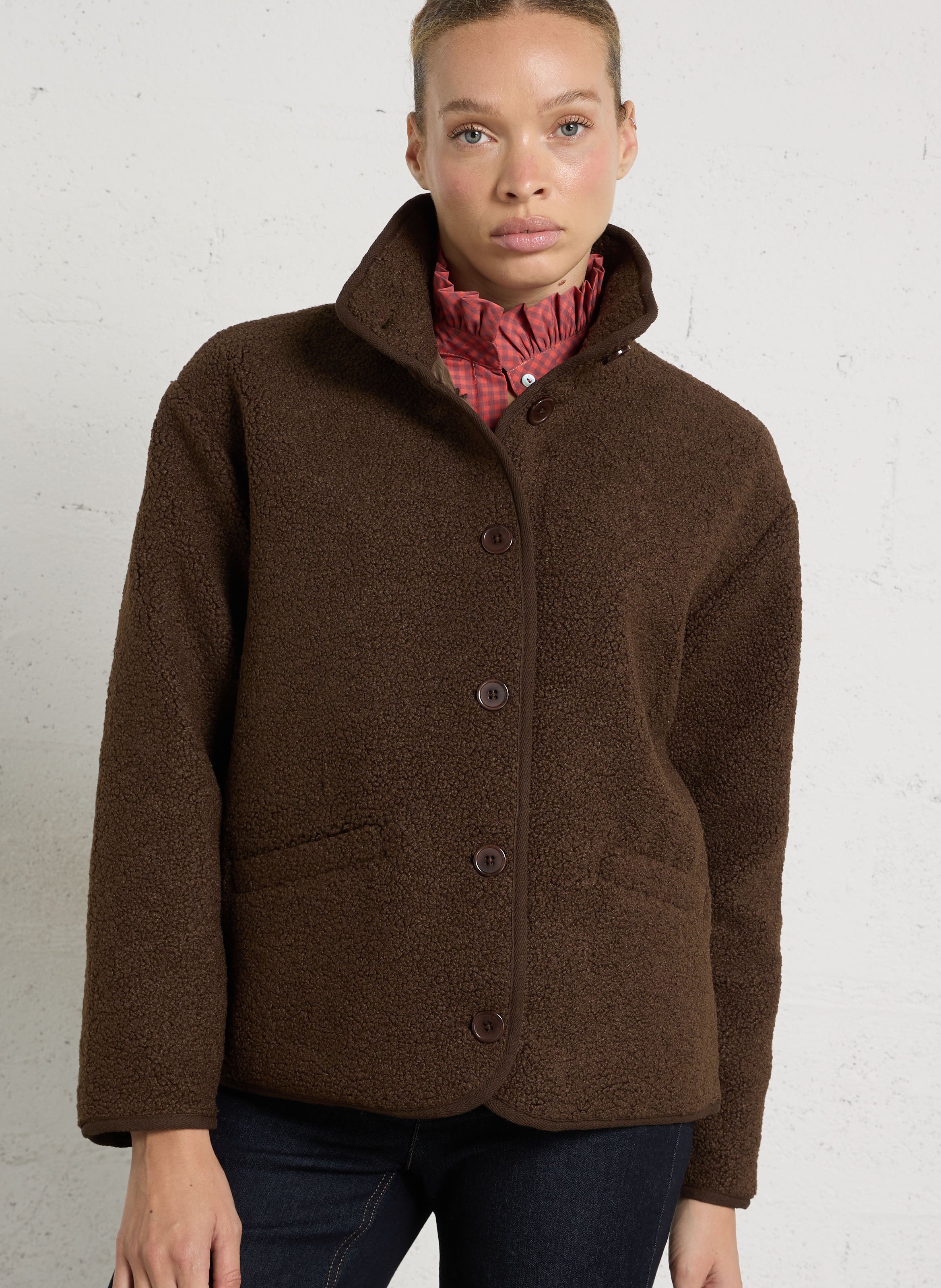 Straight jacket with high collar in bouclé wool JC SOPHIE Brown