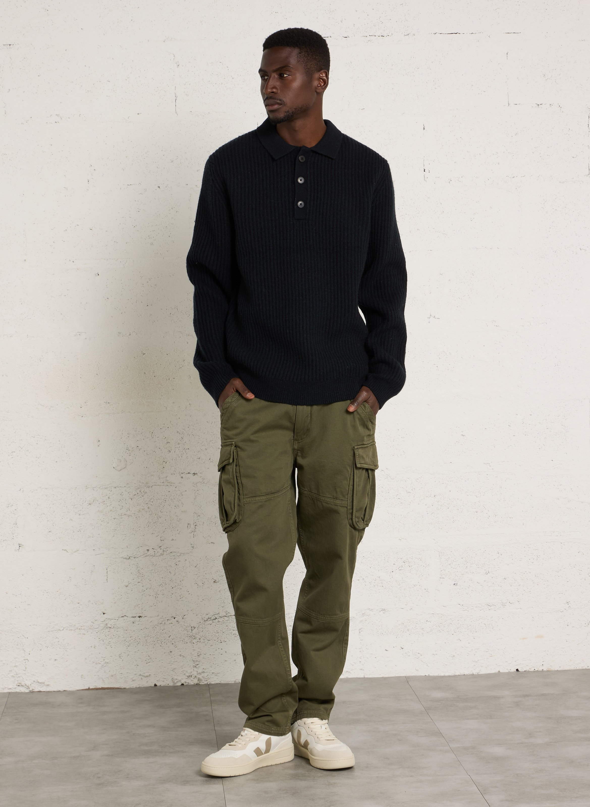 Pull droit à col boutonné en laine mélangée  CASUAL FRIDAY Noir