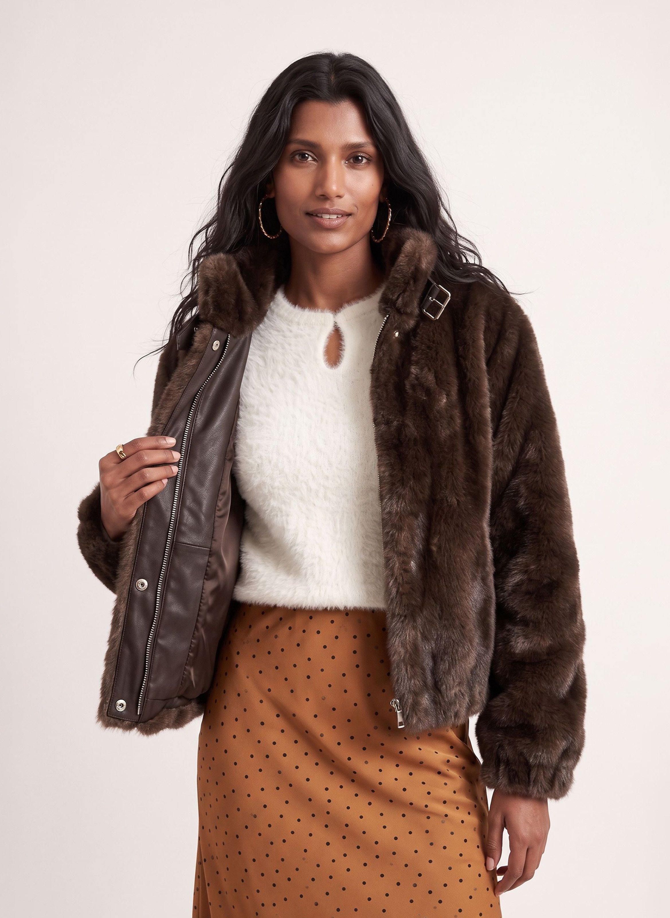 Straight high-neck faux fur coat KOOKAI Brown
